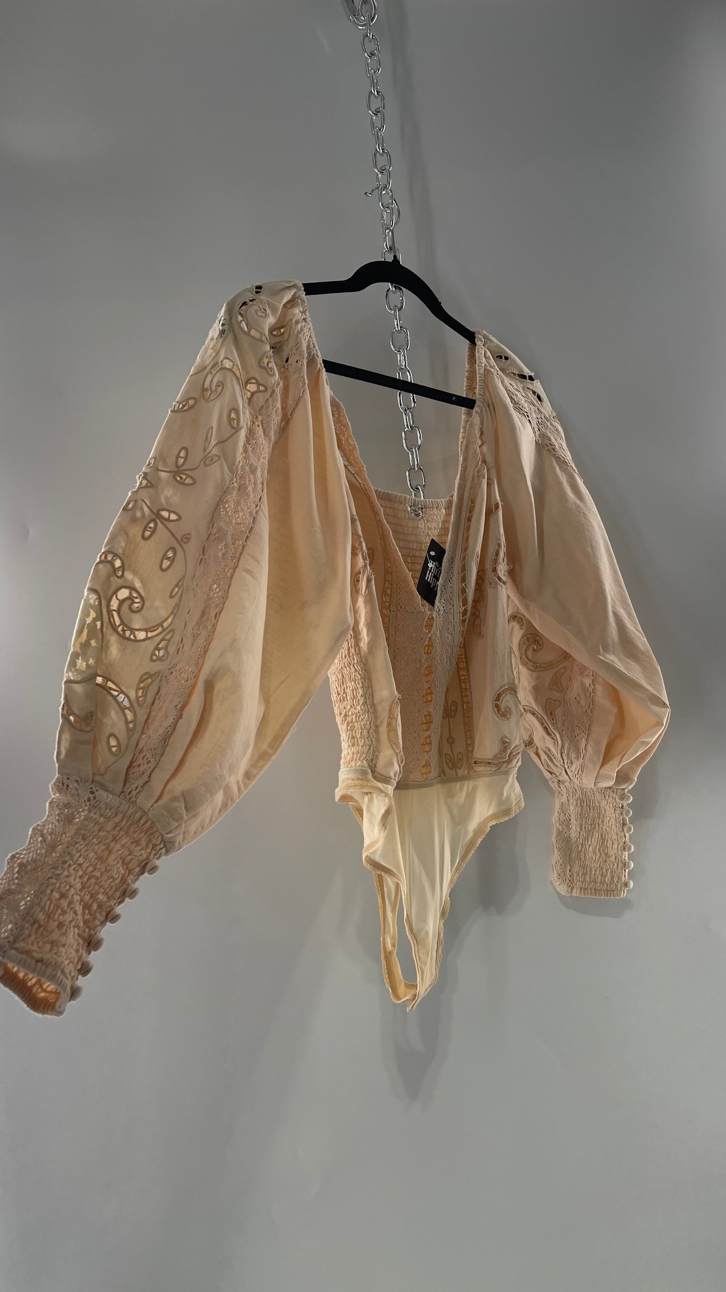 Free People Off White Cotton Bodysuit with Embroidered Lace Balloon Bishop Sleeve and Smocked, Buttoned Cuffs (Large)