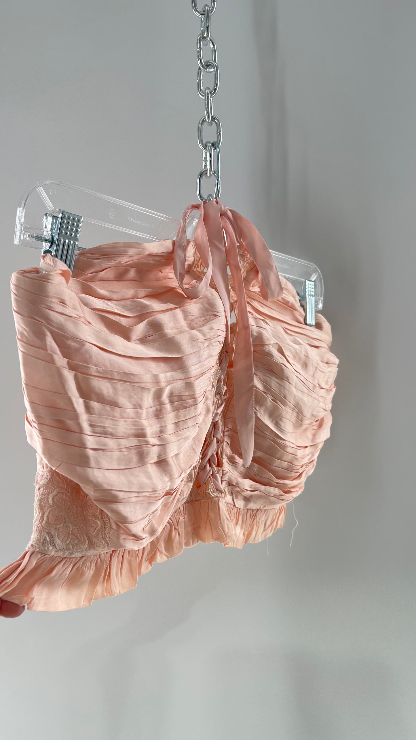 Free People Pink Viscose Pleated Tube Top with Ribbon Lace Up Bodice, Embroidered Flower Detail, and Ruffled Hem (Large)