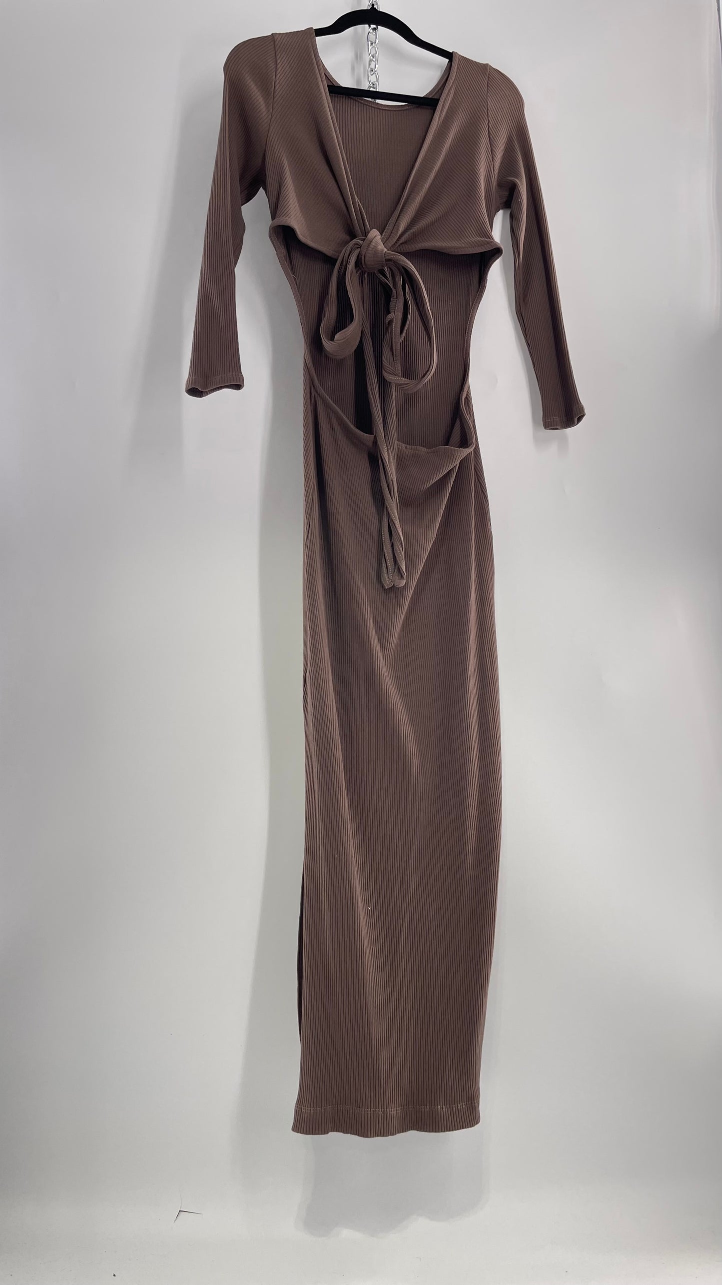 Free People Brown Ribbed Maxi Dress with Low Open Back and Dramatic Tie Detail (Large)