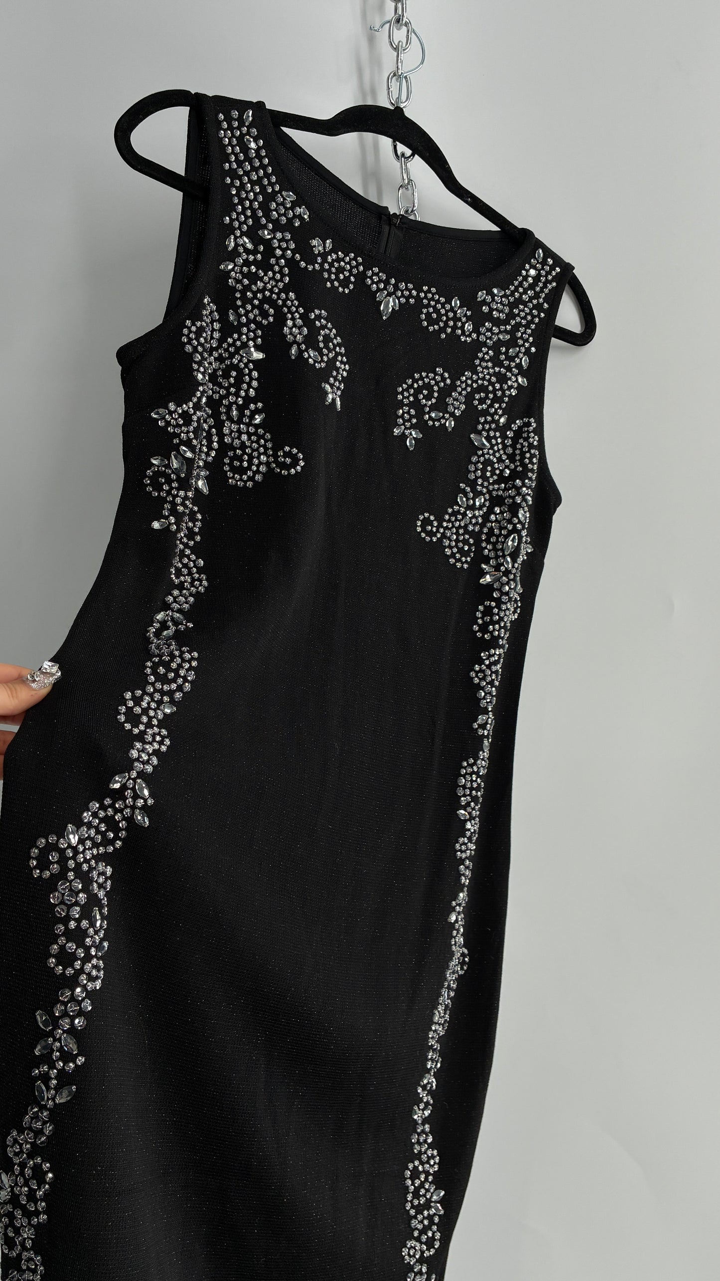Vintage ST JOHN Black Metallic Wool Knit Dress with Silk Blend Lining and Rhinestone Embellishments (6)
