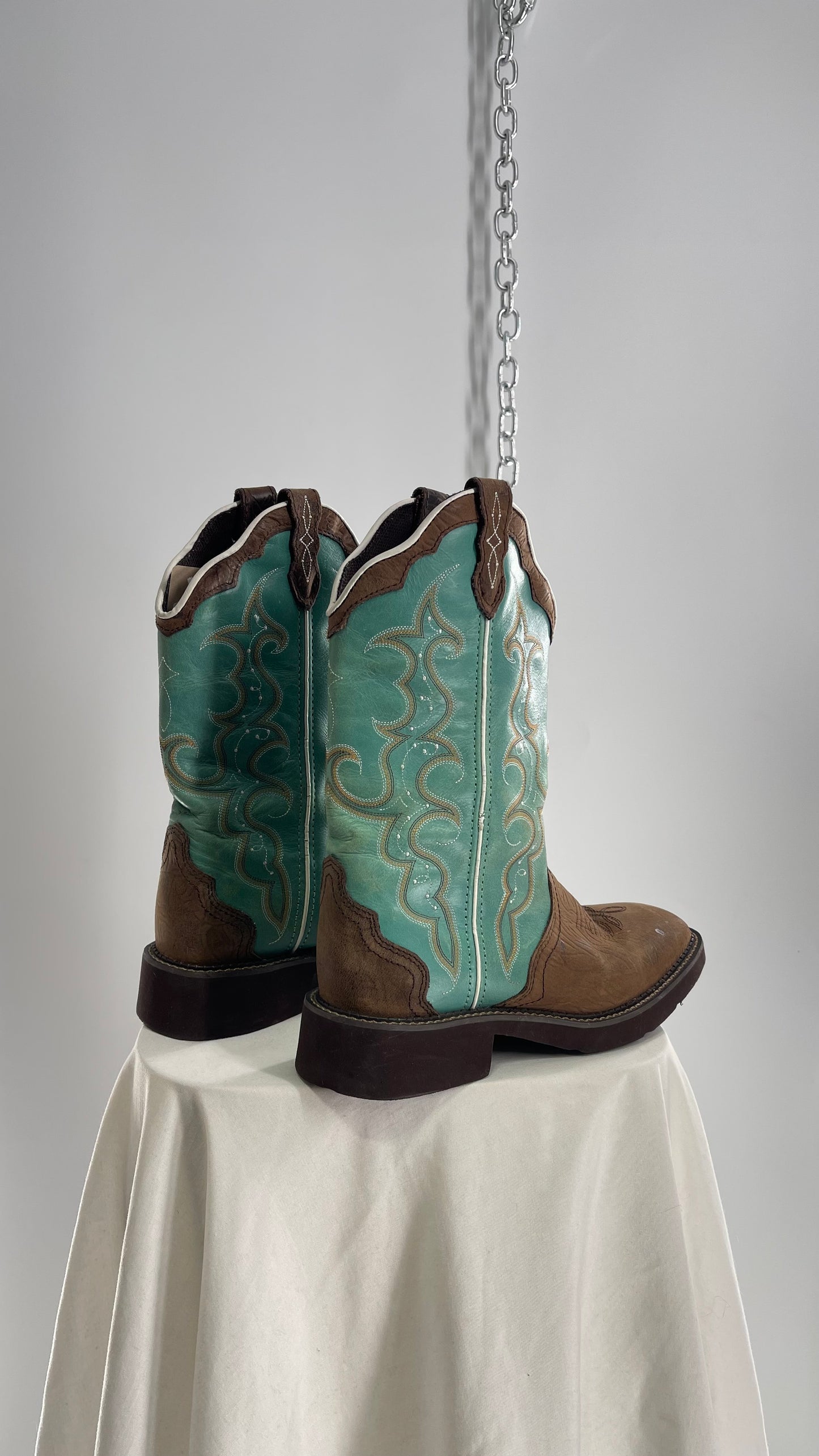 Vintage Justin Gypsy Brown Leather Turquoise Raya Cowboy Boots (8.5B)