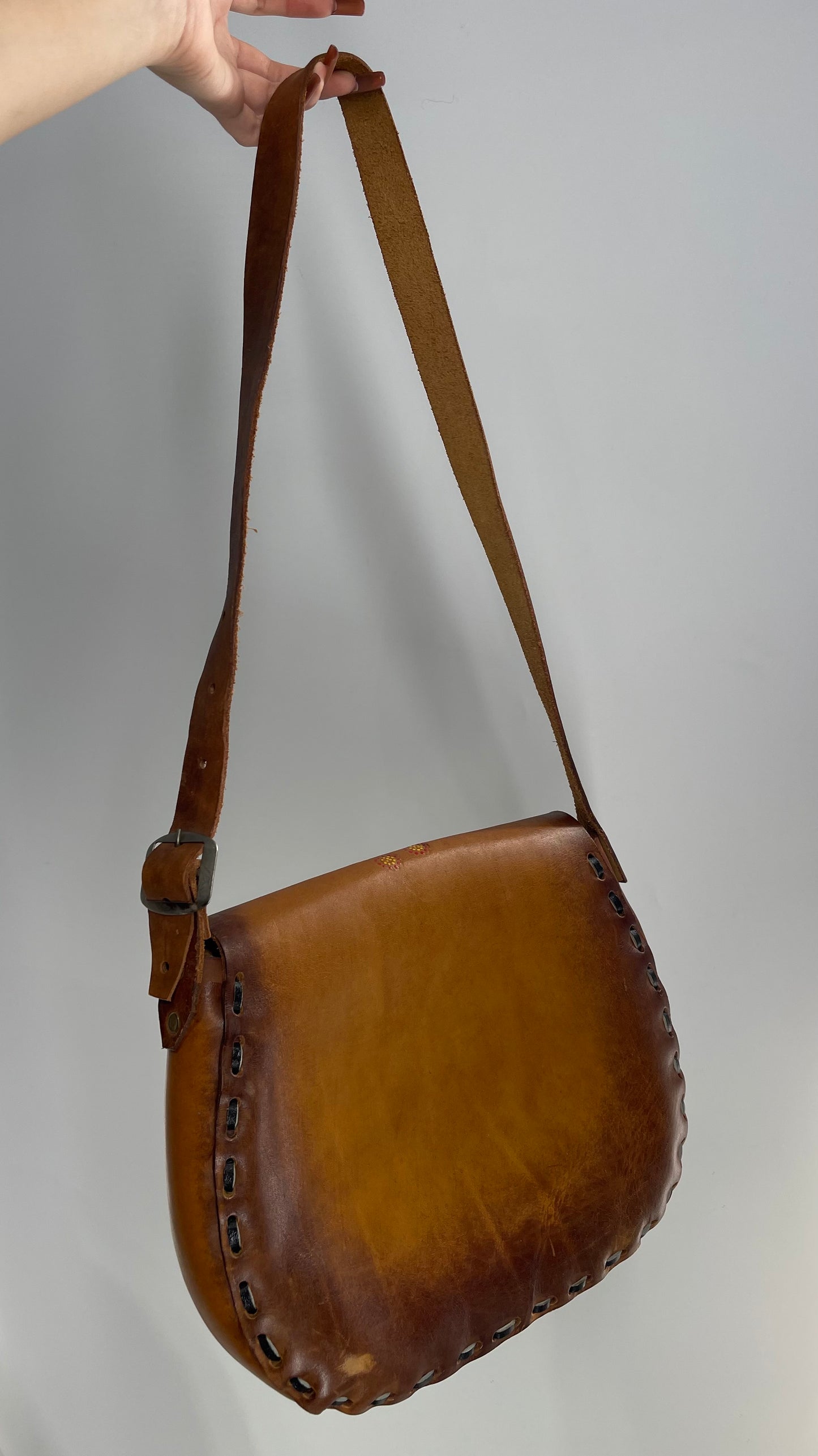 Vintage 1970s Mexico Leather Saddle Bag with Engravings, Stitching and Turnstile Closure