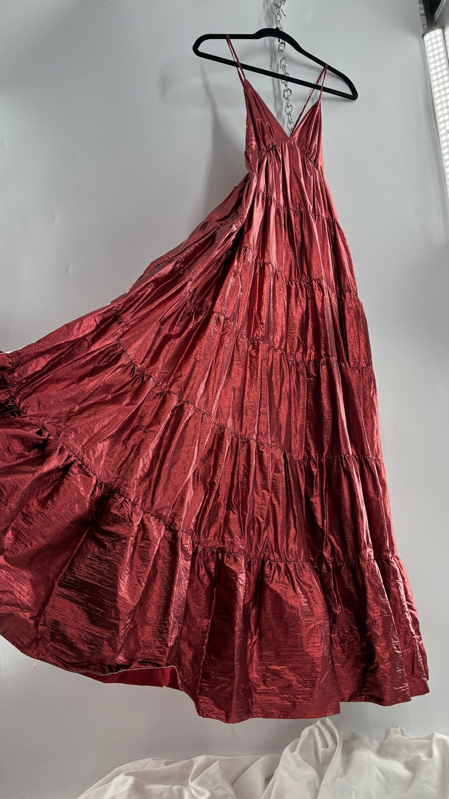 HUTCH Red Metallic Tiered Voluminous Maxi Gown (XS)