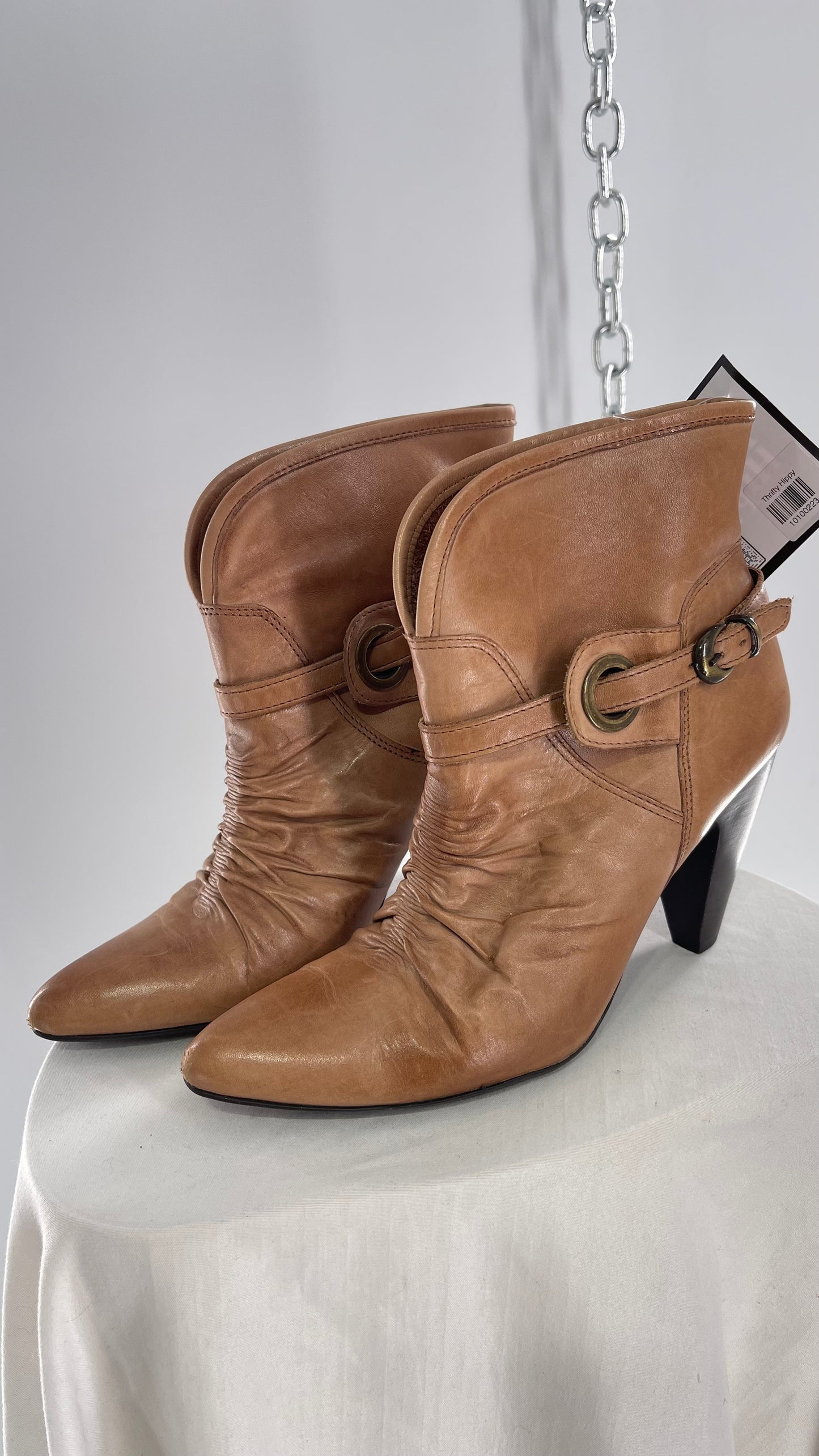 Vintage Pointed Toe Booties with Ruching and Belt Detail Made in Brazil