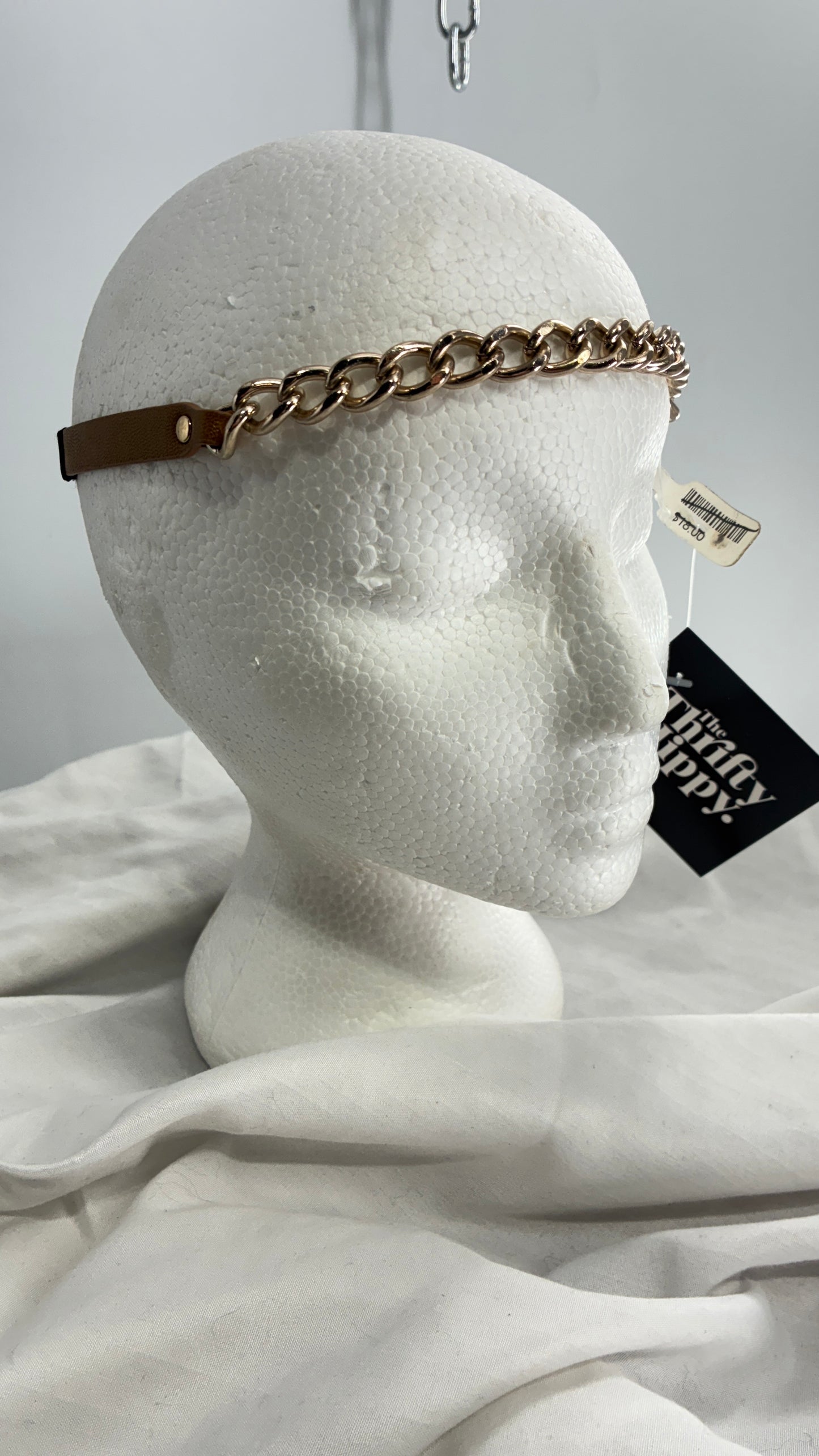 Brown Vegan Leather Gold Chain Headband with Tags Attached