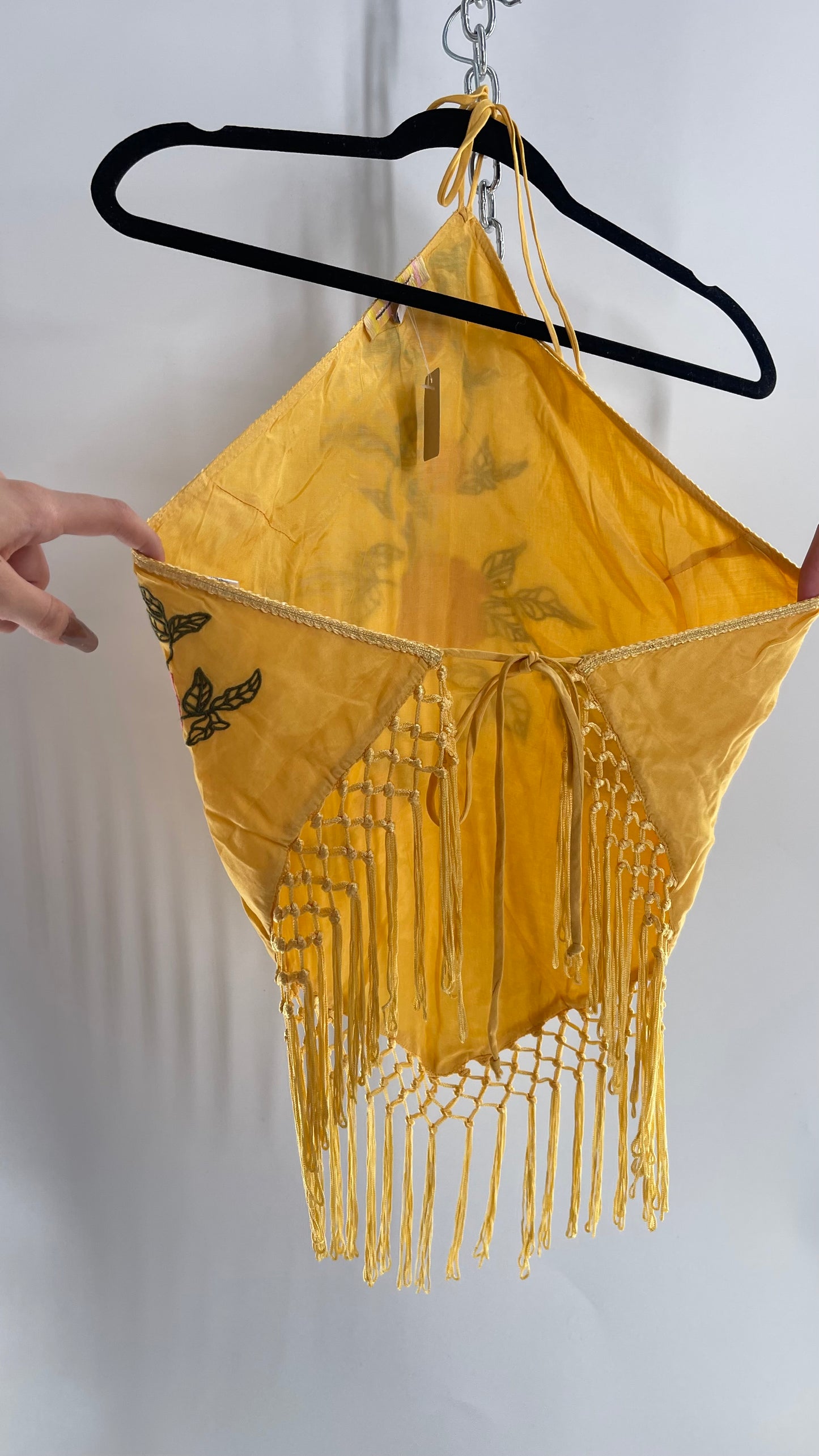 Urban Outfitters Yellow Halter with Embroidered Roses and Fringe Hemline (XS)