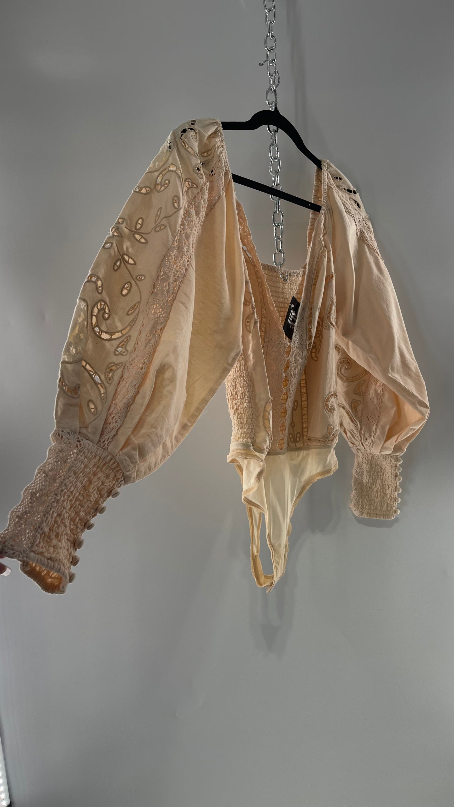 Free People Off White Cotton Bodysuit with Embroidered Lace Balloon Bishop Sleeve and Smocked, Buttoned Cuffs (Large)