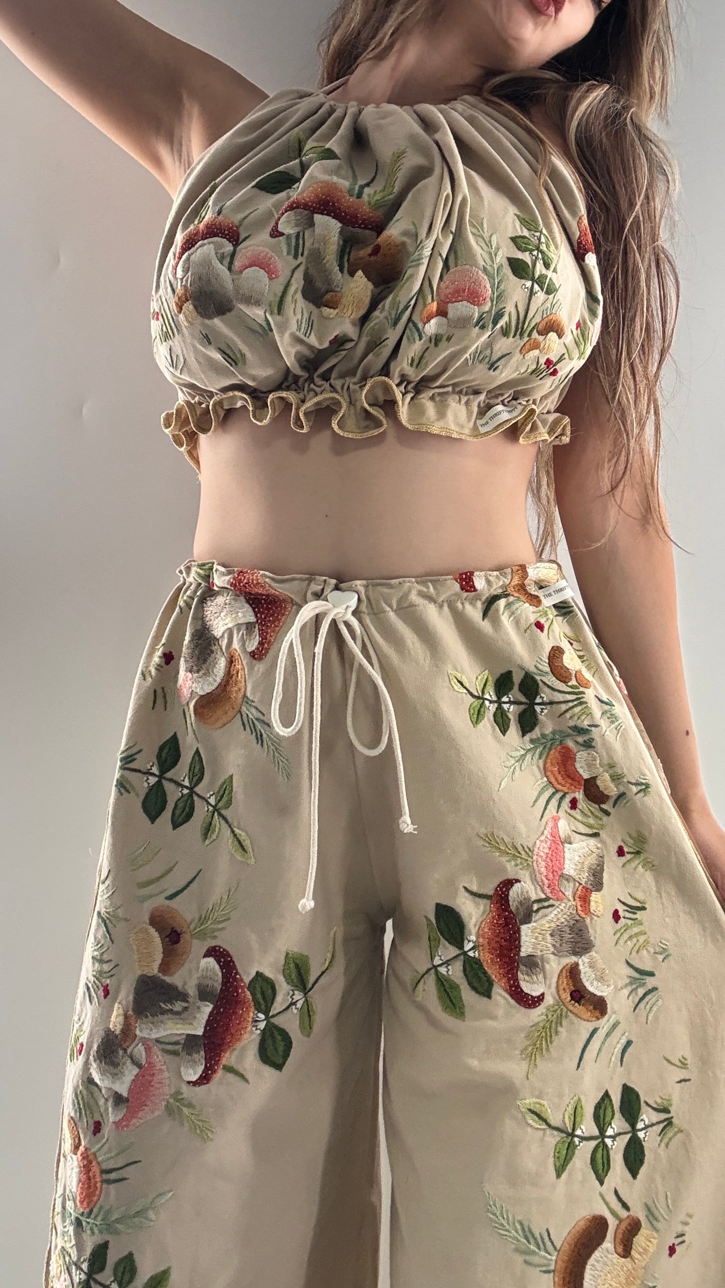 Vintage Custom Handmade and Hand Embroidered Two Piece Set with Mushrooms, Vines, and Ladybugs (XS-L)