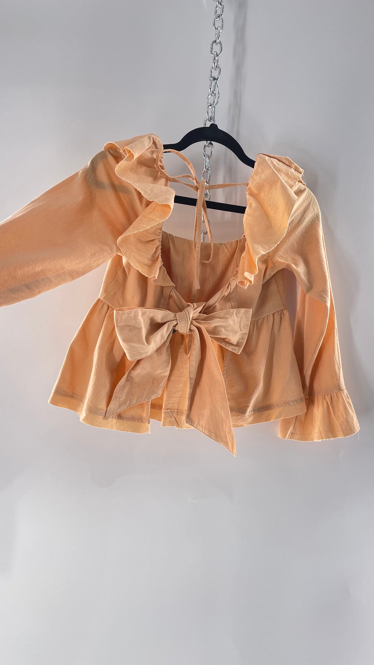 Free People Pumpkin Light Orange Backless Bow Back Cropped Blouse with Ruffle Sleeve and Neckline (XS)