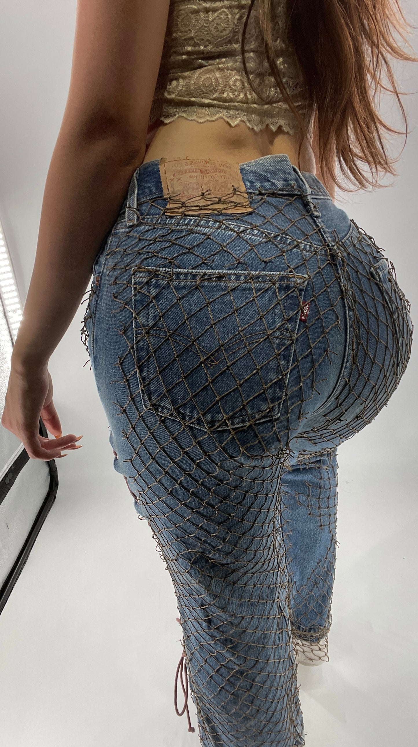 Custom - Fishnet Levi’s with Grommets and Lace Up Sides (Waist 29 Length 30) Fits Like a 26*