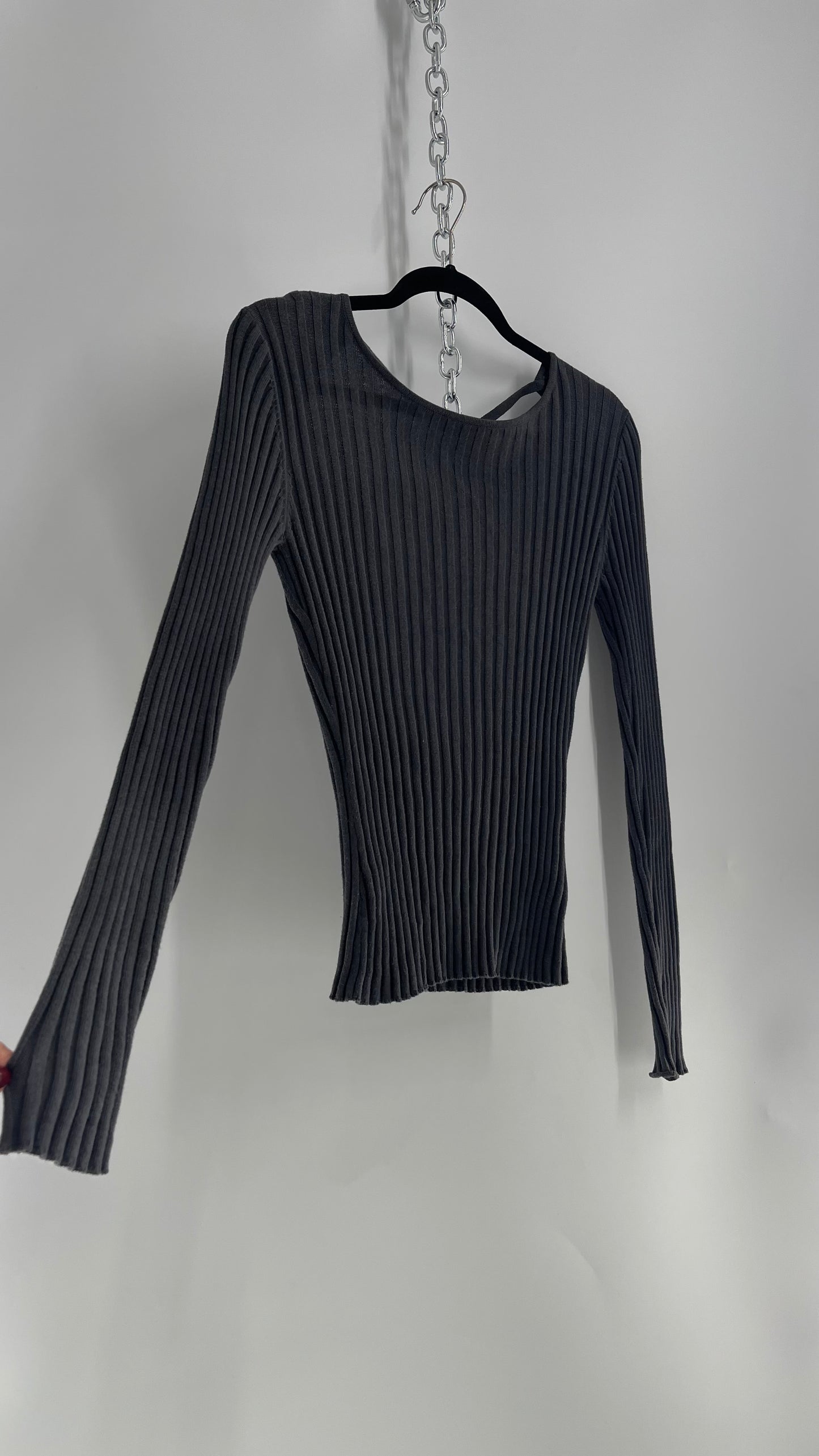 For Love & Lemons Gray Ribbed Low, Open Back Knit Long Sleeve (Medium)