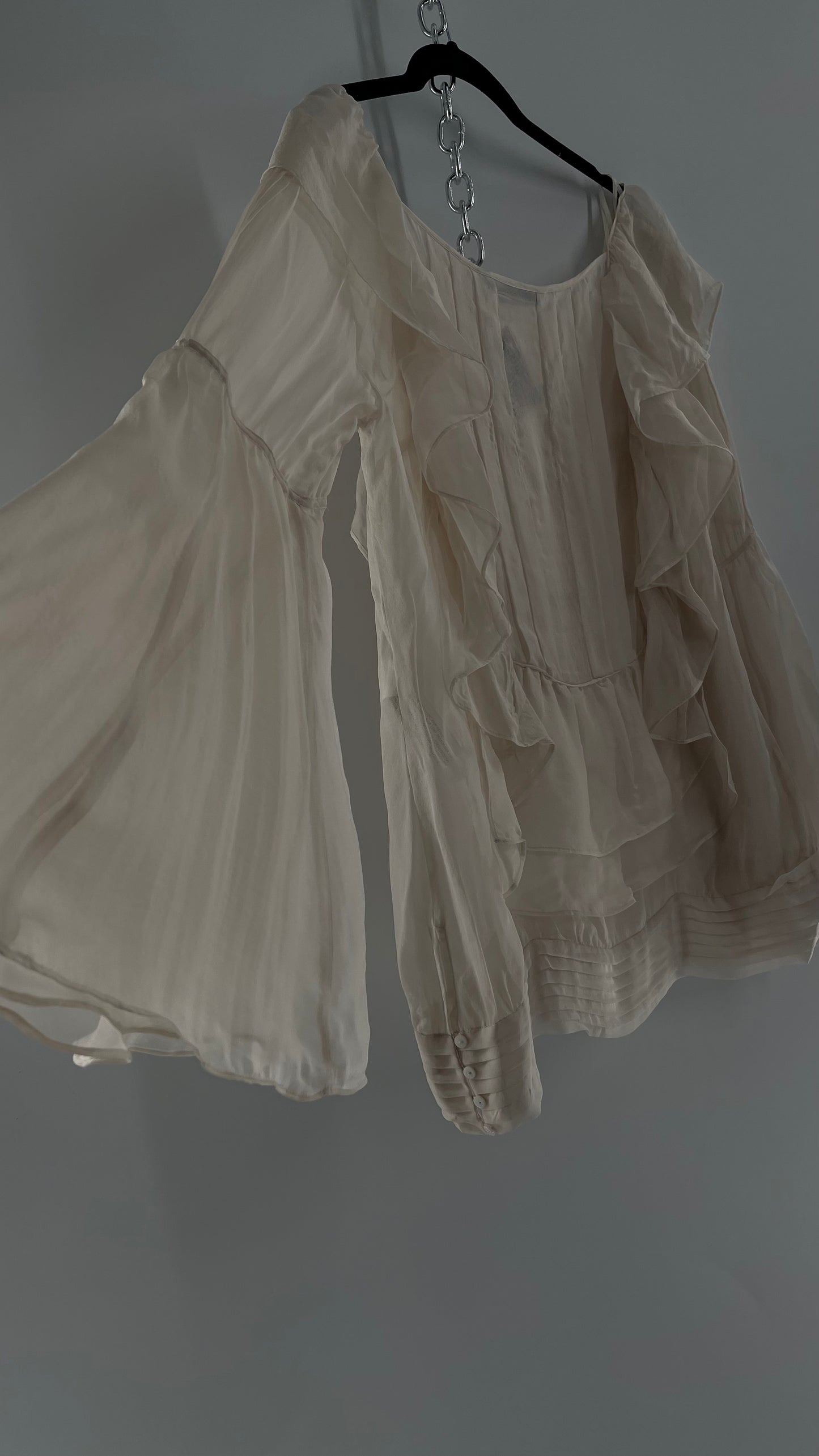 ZARA Ruffled and Embroidered Bell Sleeve Blouse (Large)