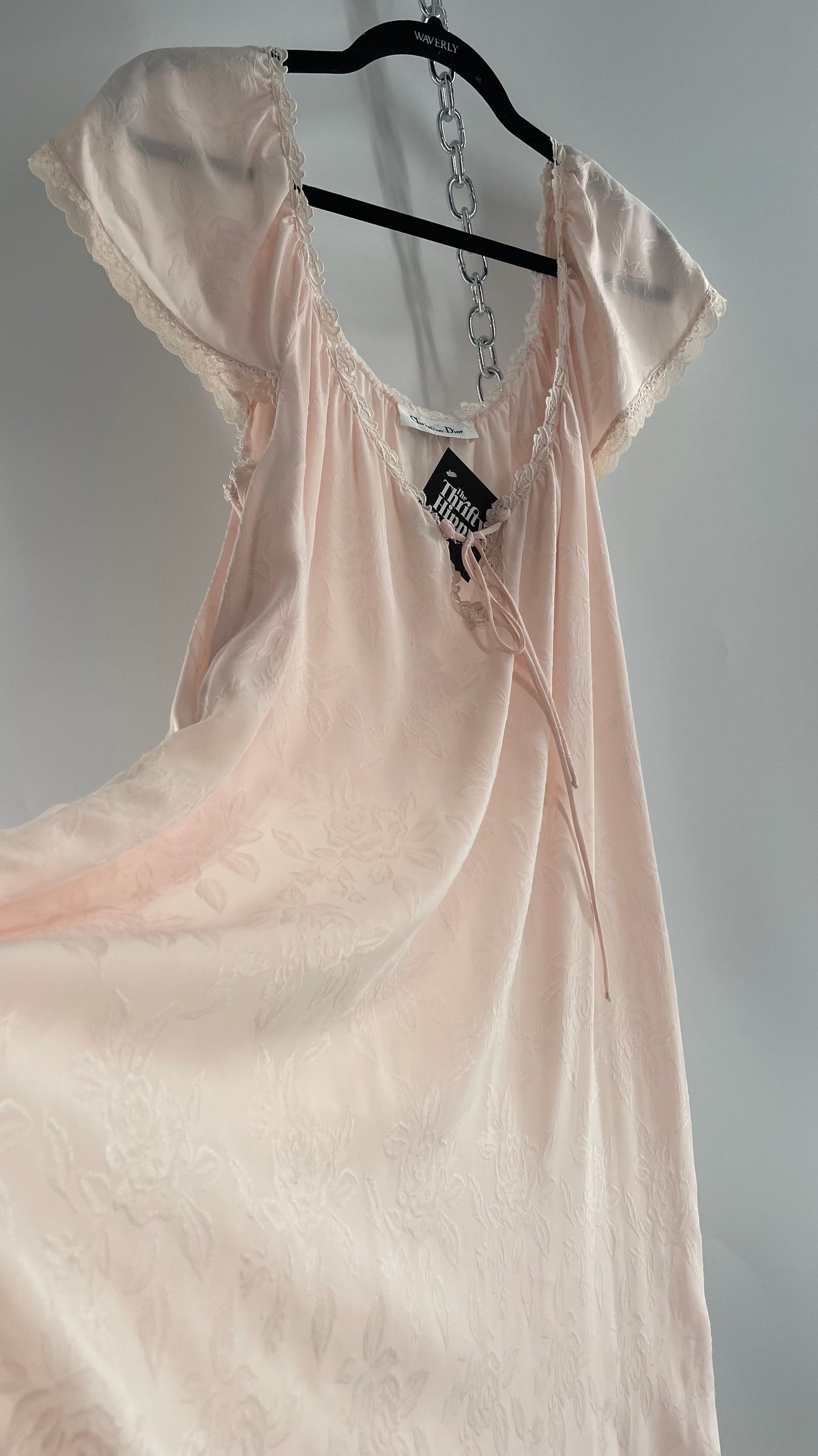 Vintage Christian Dior Pink Night Gown/ Maxi Dress with Floral Embossed Design, Lace Trim and Rosettes (Large)