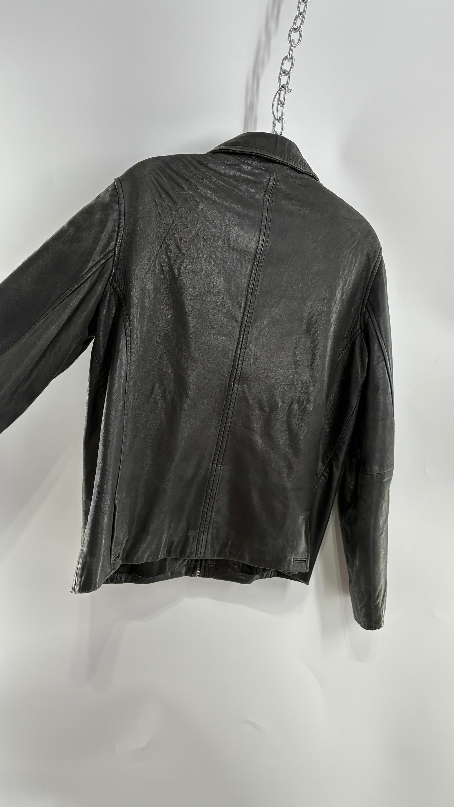Vintage WINLIT New York Black Leather Collared Zip Front Paneled Jacket (Large)