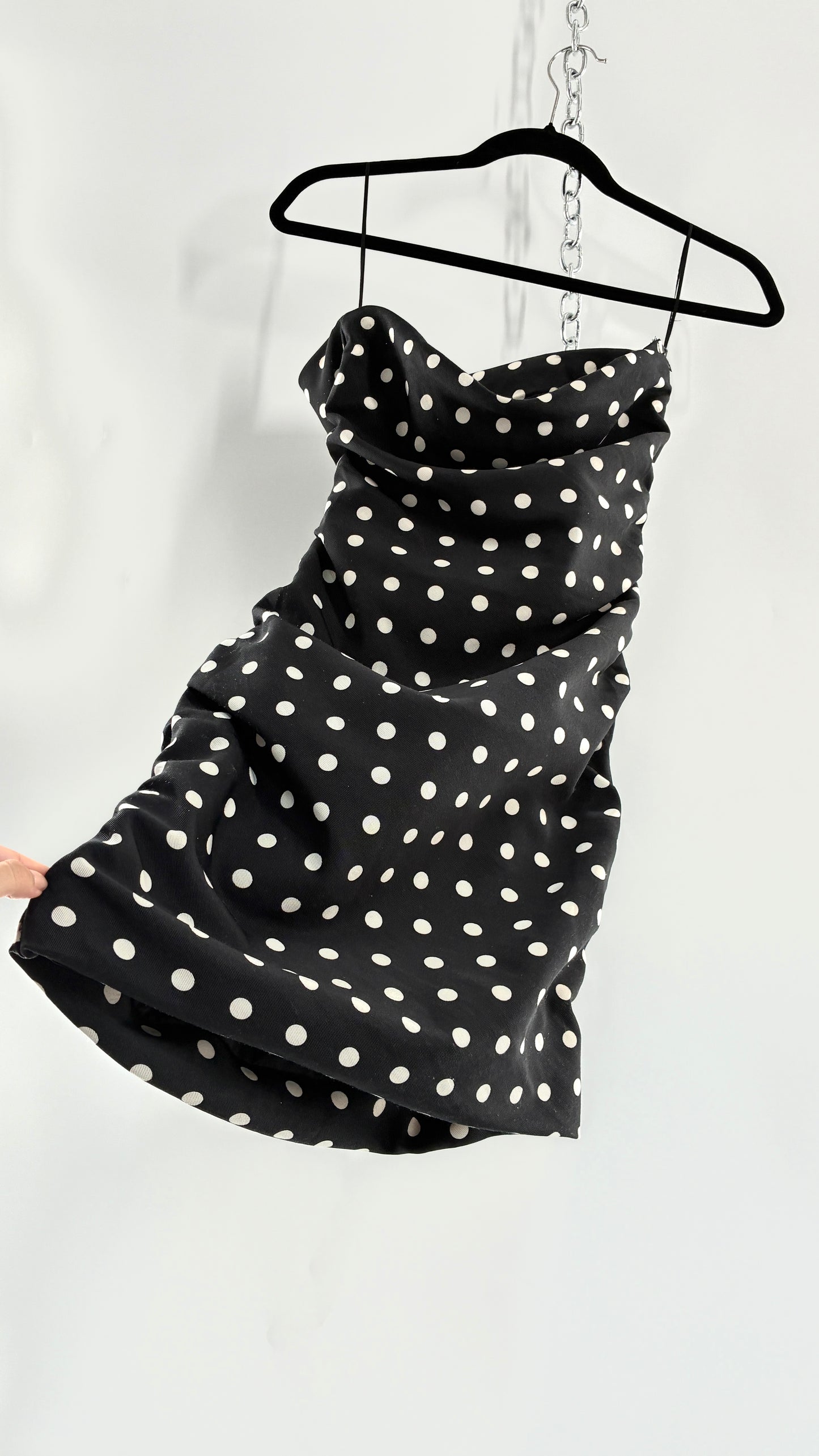 LIONESS Black and White Polka Dot Bodycon Ruched Mini Dress (Small)