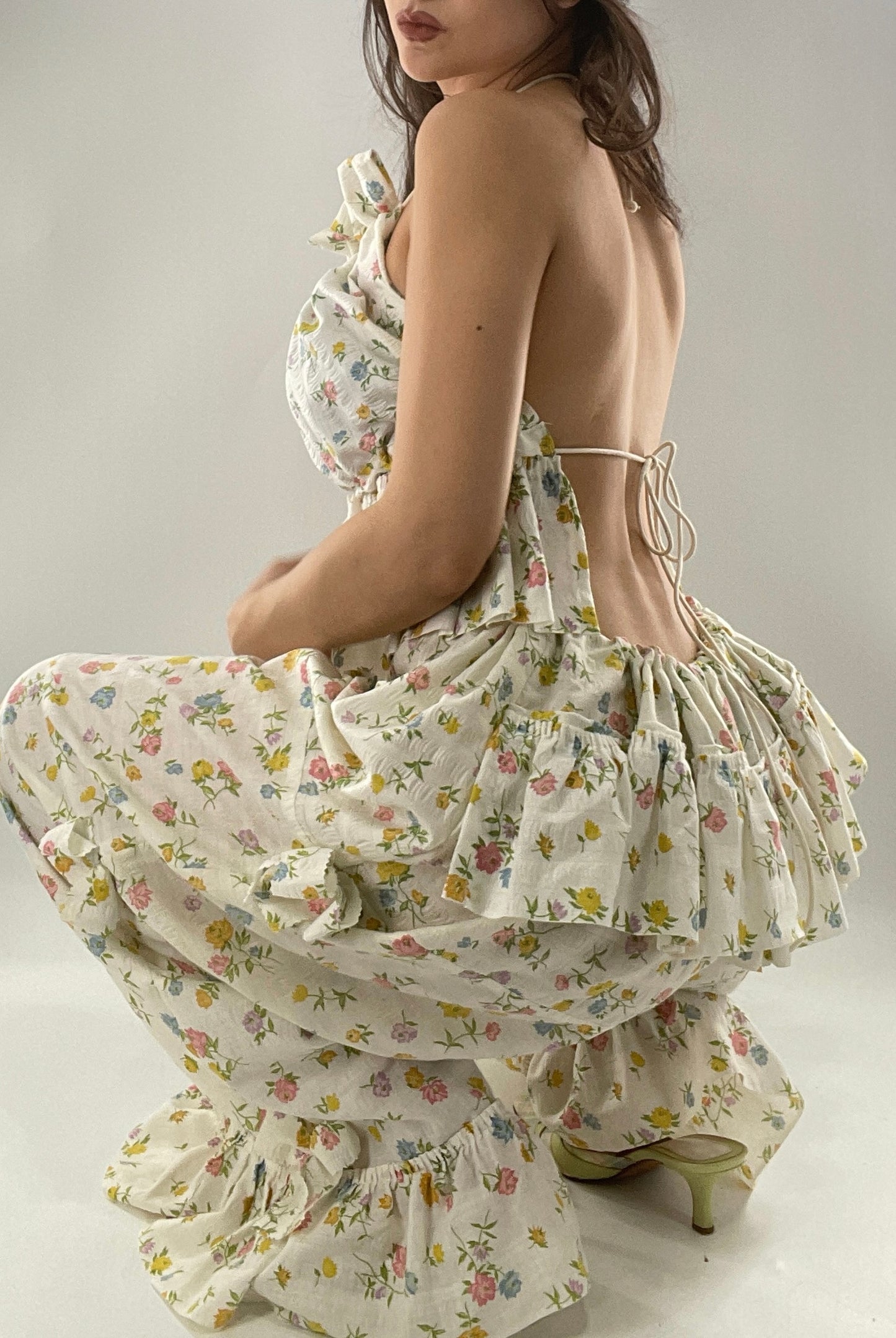 Vintage 2 Piece Floral Babydoll Set with Adjustable Top and Adjustable Pants Featuring Bow Sides and Ruffles Bum (One Size)