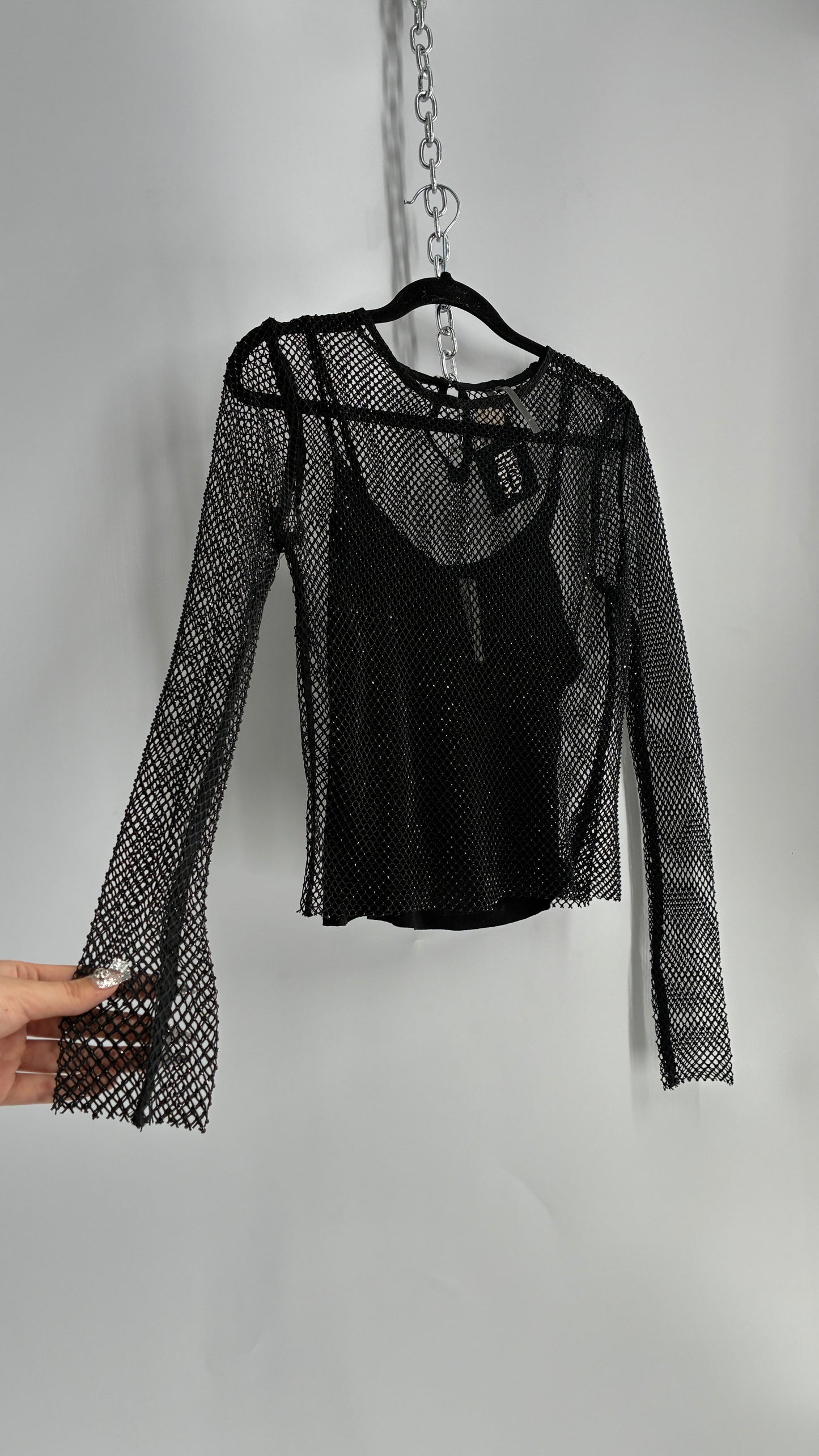 Anthropologie Black Rhinestone Heavy Mesh Long Sleeve with Camisole (Small)