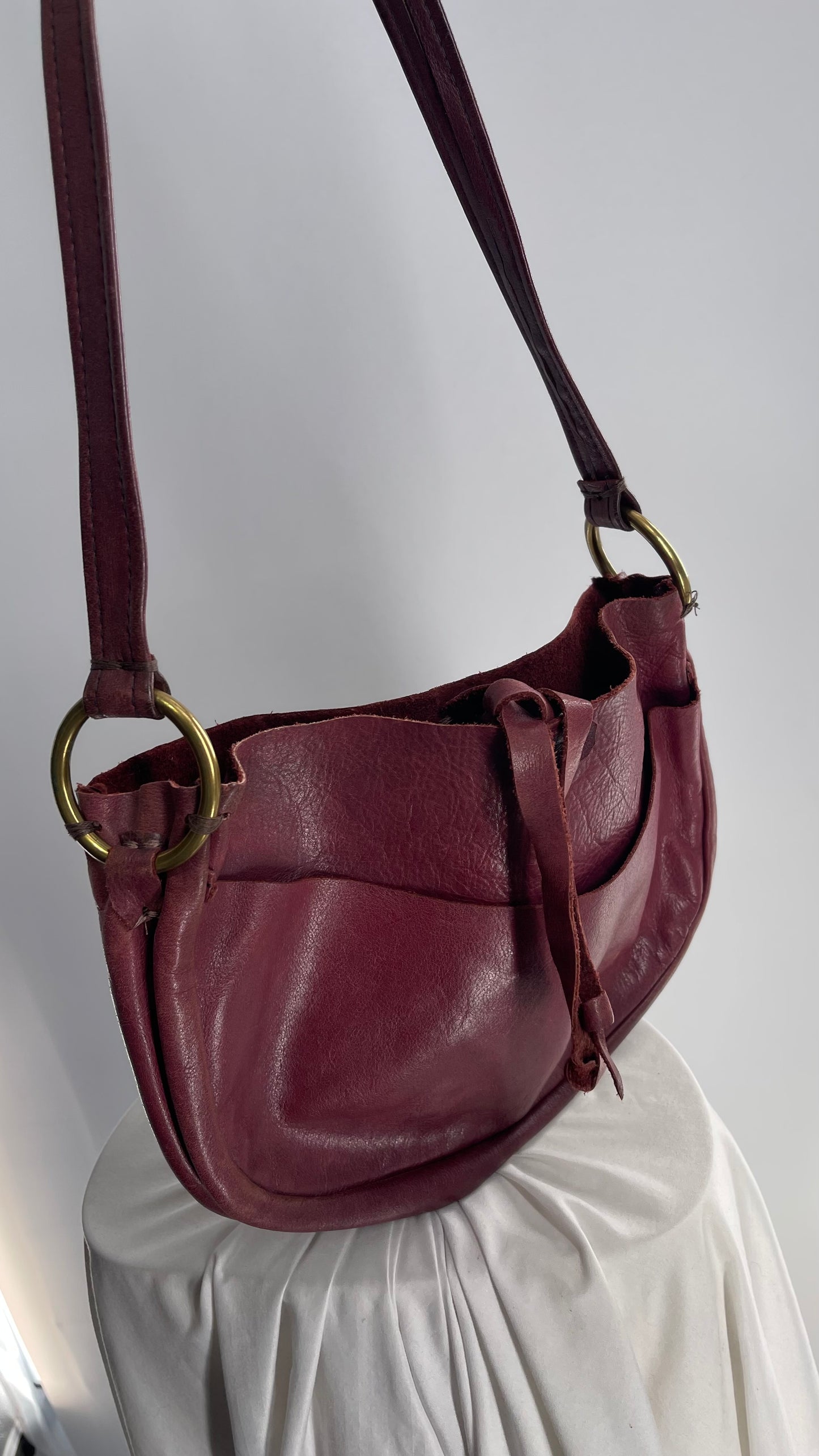 Vintage Burgundy Leather Saddle Bag with Gold Hardware