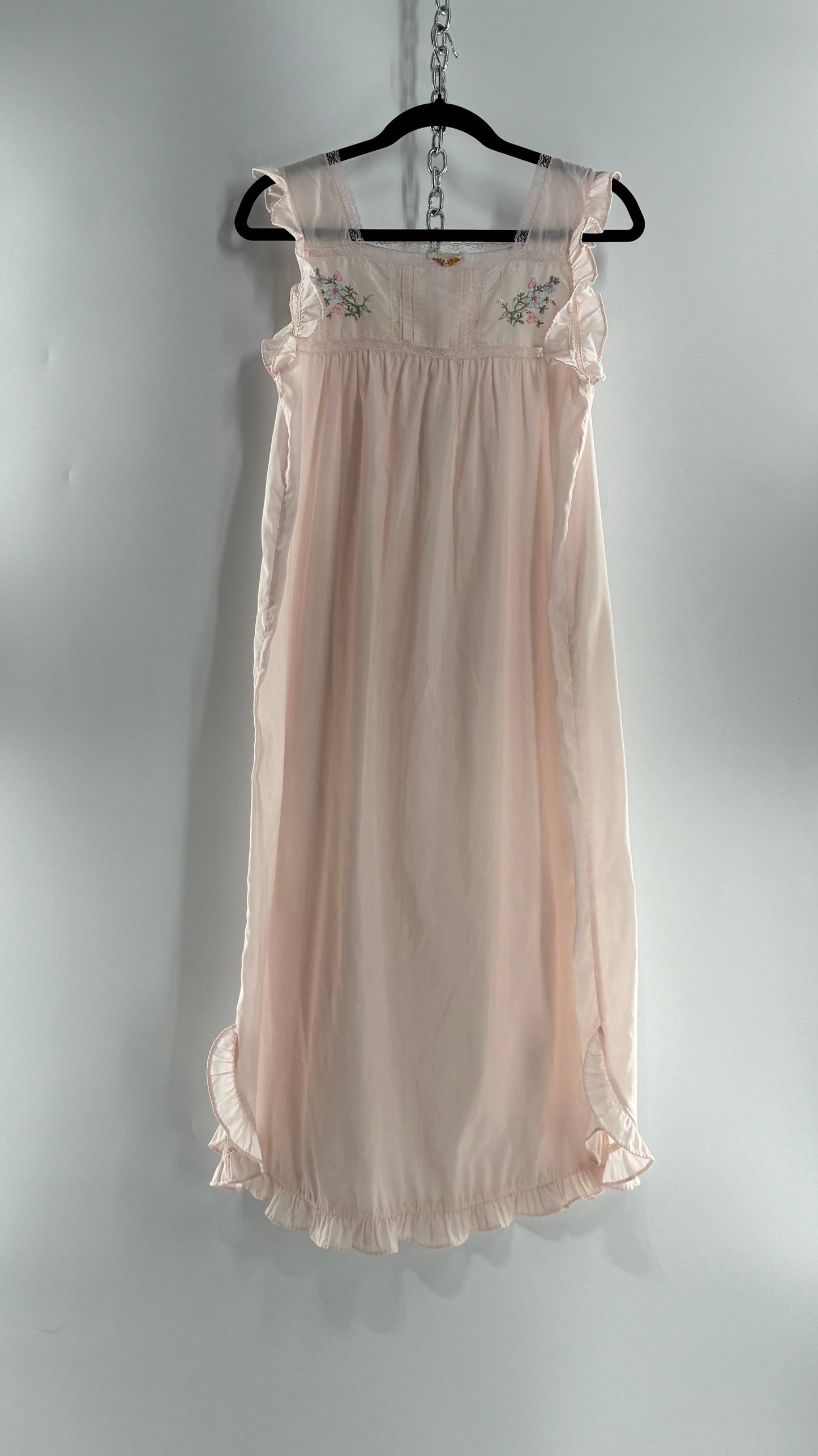 Vintage Barbarie Baby Pink Nightgown Style Dress with Embroidered Florals and Ruffled Straps