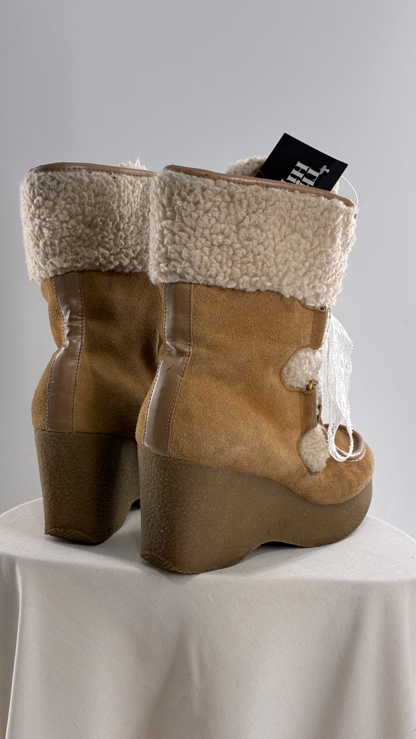 Vintage TOMMY GIRL Suede Leather Wedge Heels with Sherpa Details and Lace Trim Laces (8)