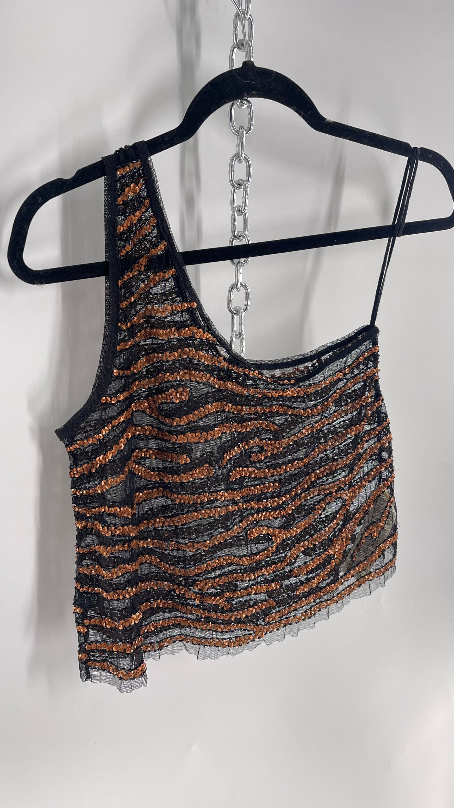 Free People Black Mesh One Shoulder Blouse with Copper Zebra Patterned Sequins (XS)