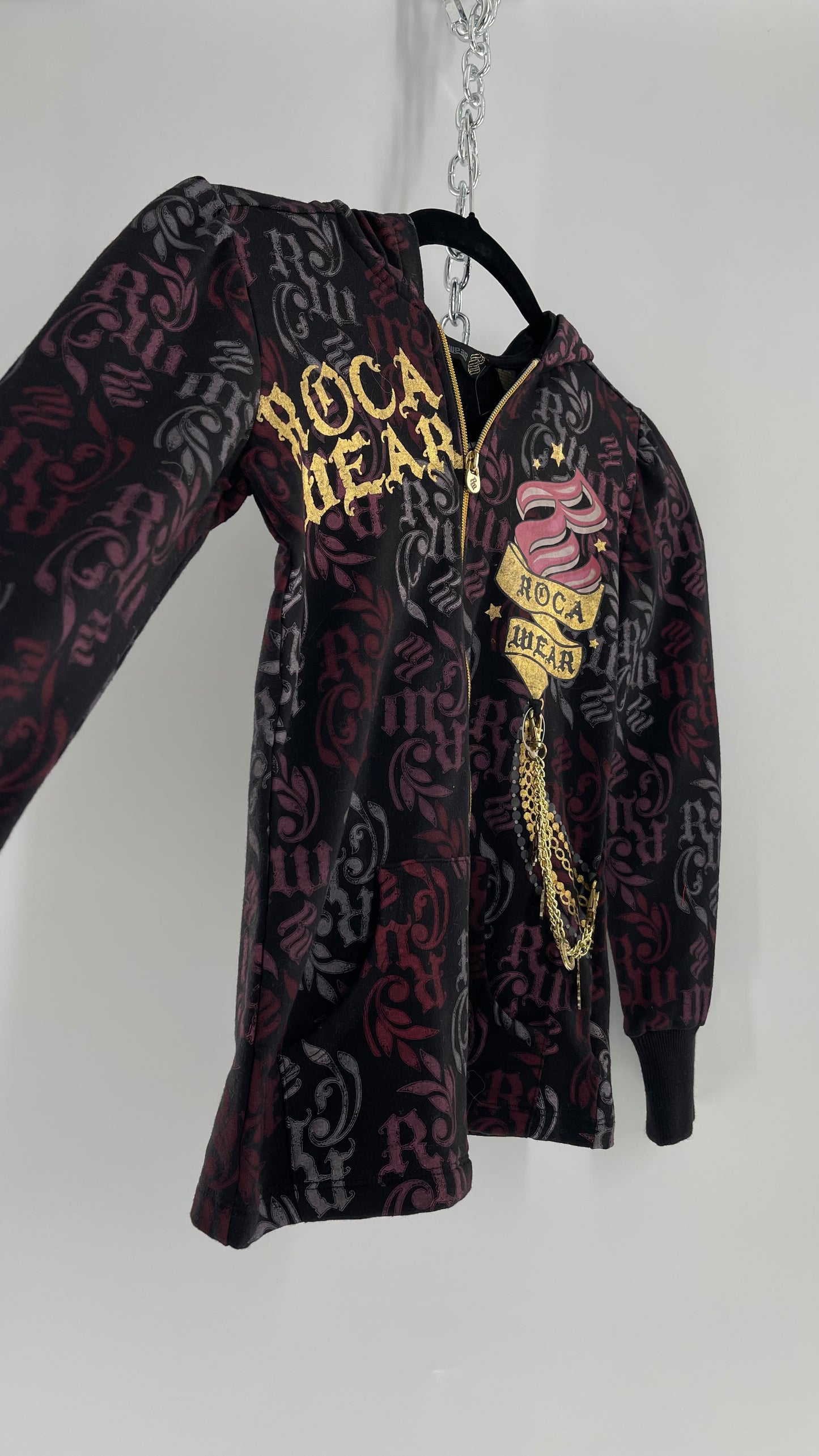 Vintage All Over Rocawear Logo Zip Up Hoodie with Gold Charm Chain and Silky Hood (XS/S)