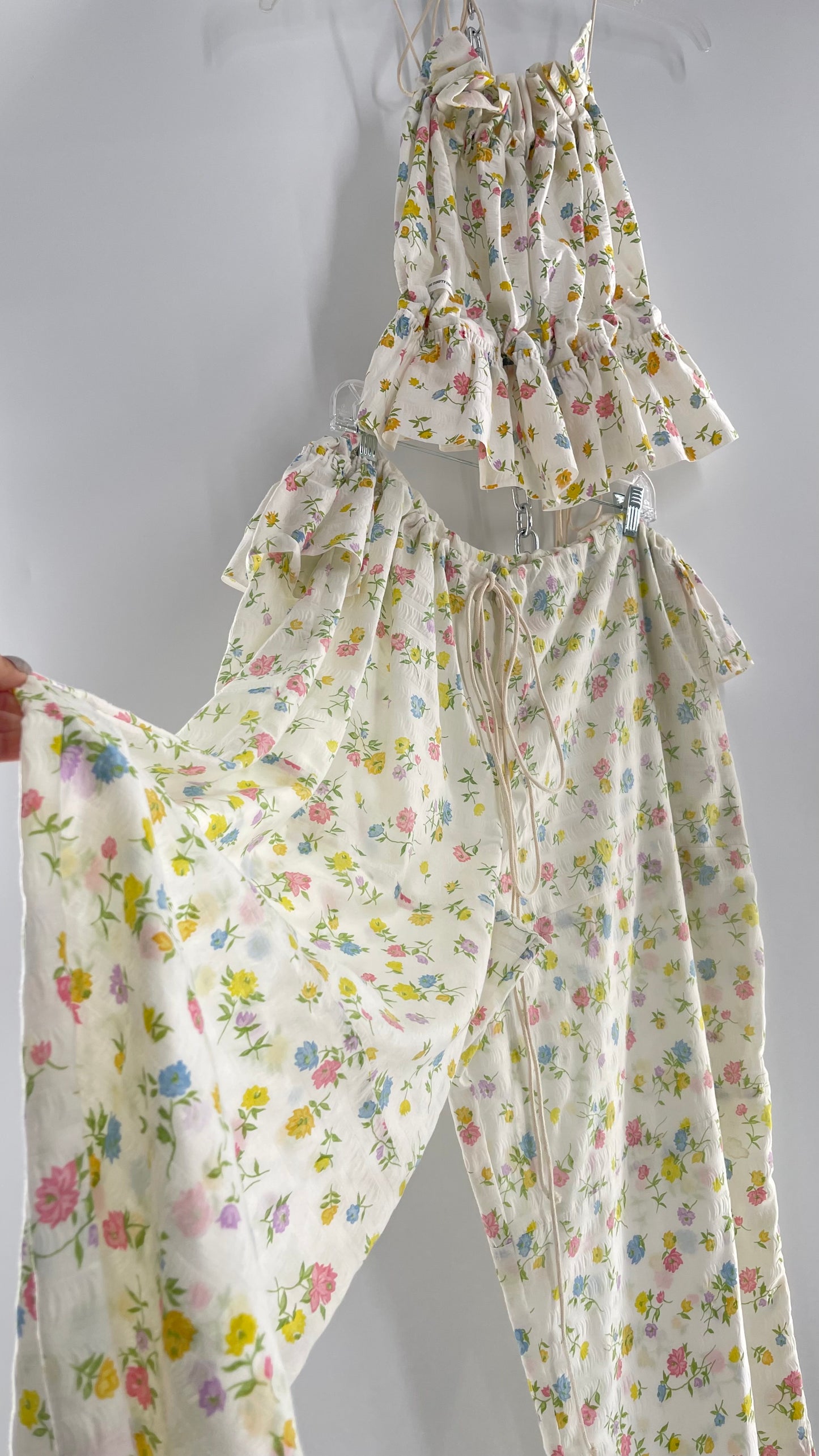 Remade* Vintage 2 Piece Floral Babydoll Set with Adjustable Top and Adjustable Pants Featuring Bow Sides and Ruffles Bum (One Size)