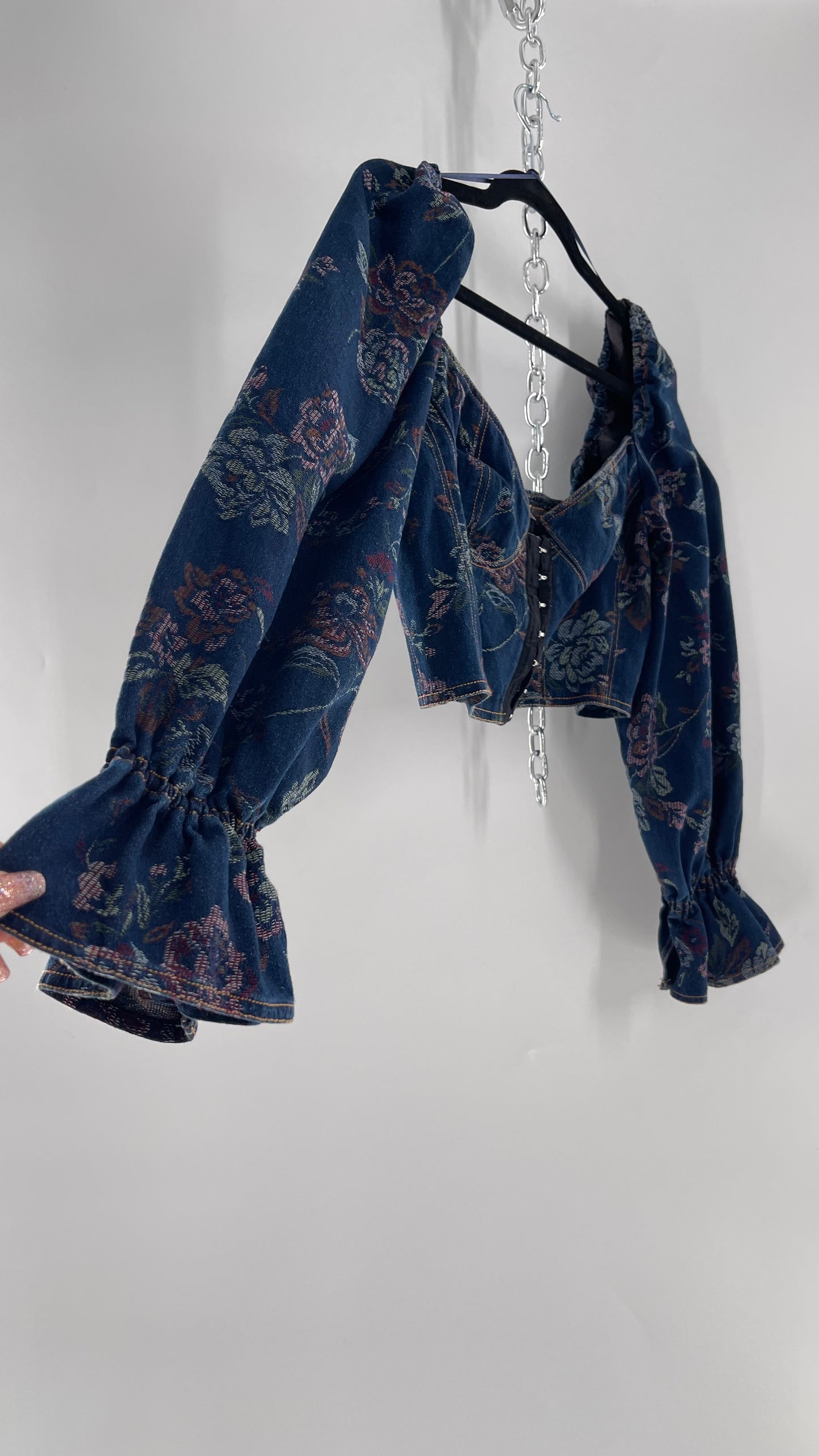 Urban Outfitters Denim Cropped Corset Grommet Balloon Sleeve Blouse (Large)