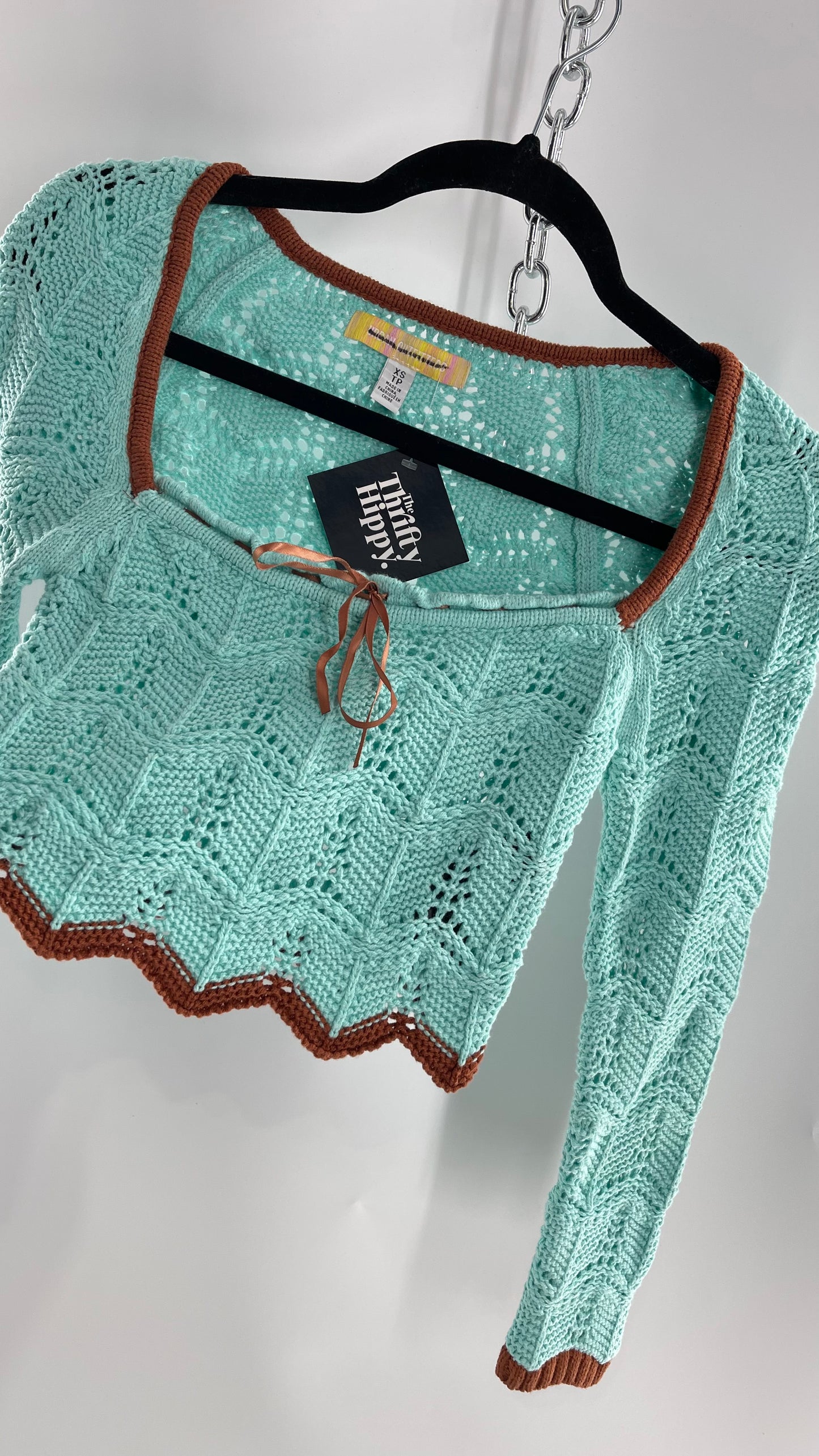 Urban Outfitters Baby Blue Cropped Knit Top with Brown Piping and Ribbon Neckline (XS)