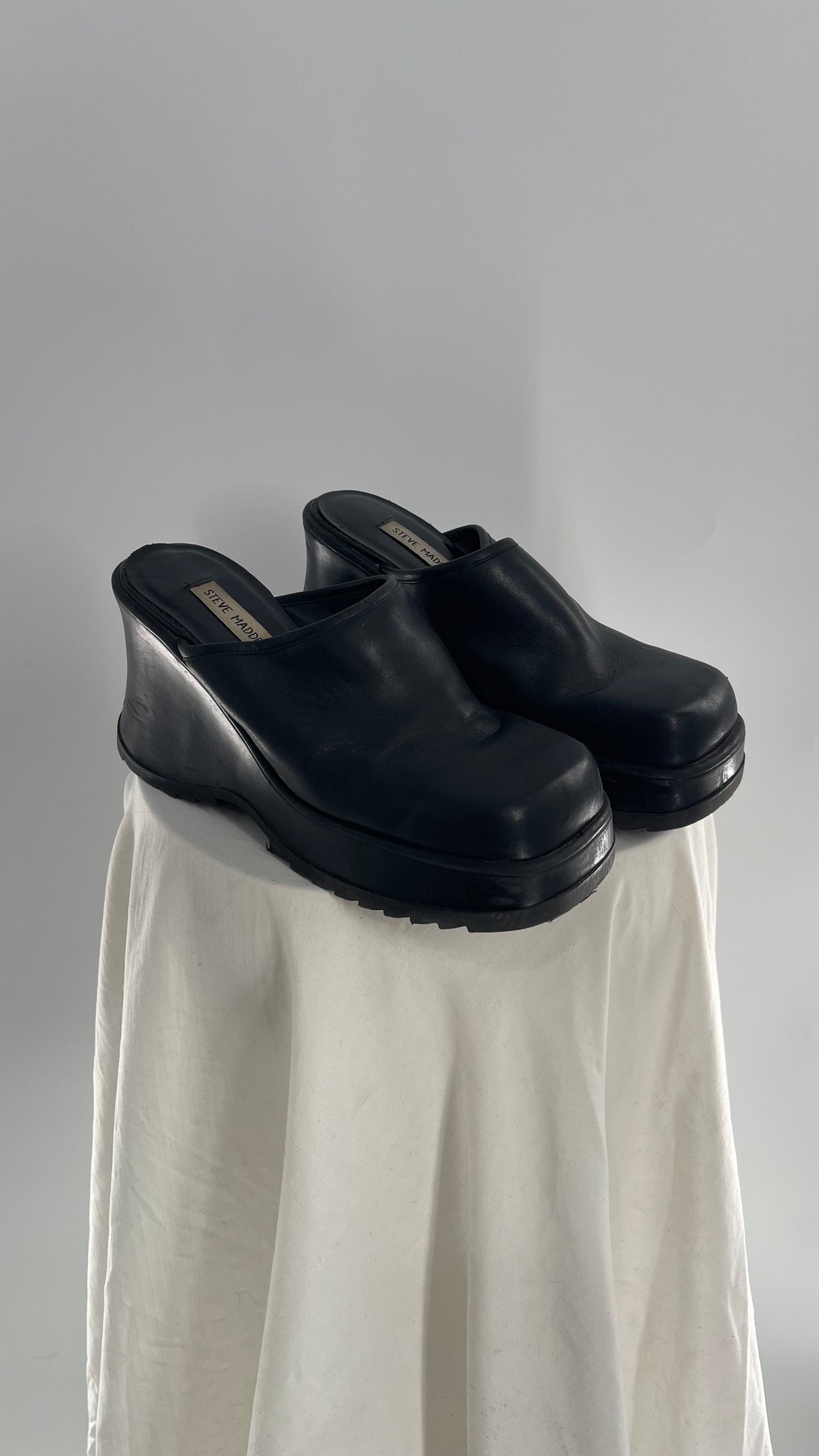 STEVE MADDEN Rare Black Leather Chunky Platform Wedge Clog (10)
