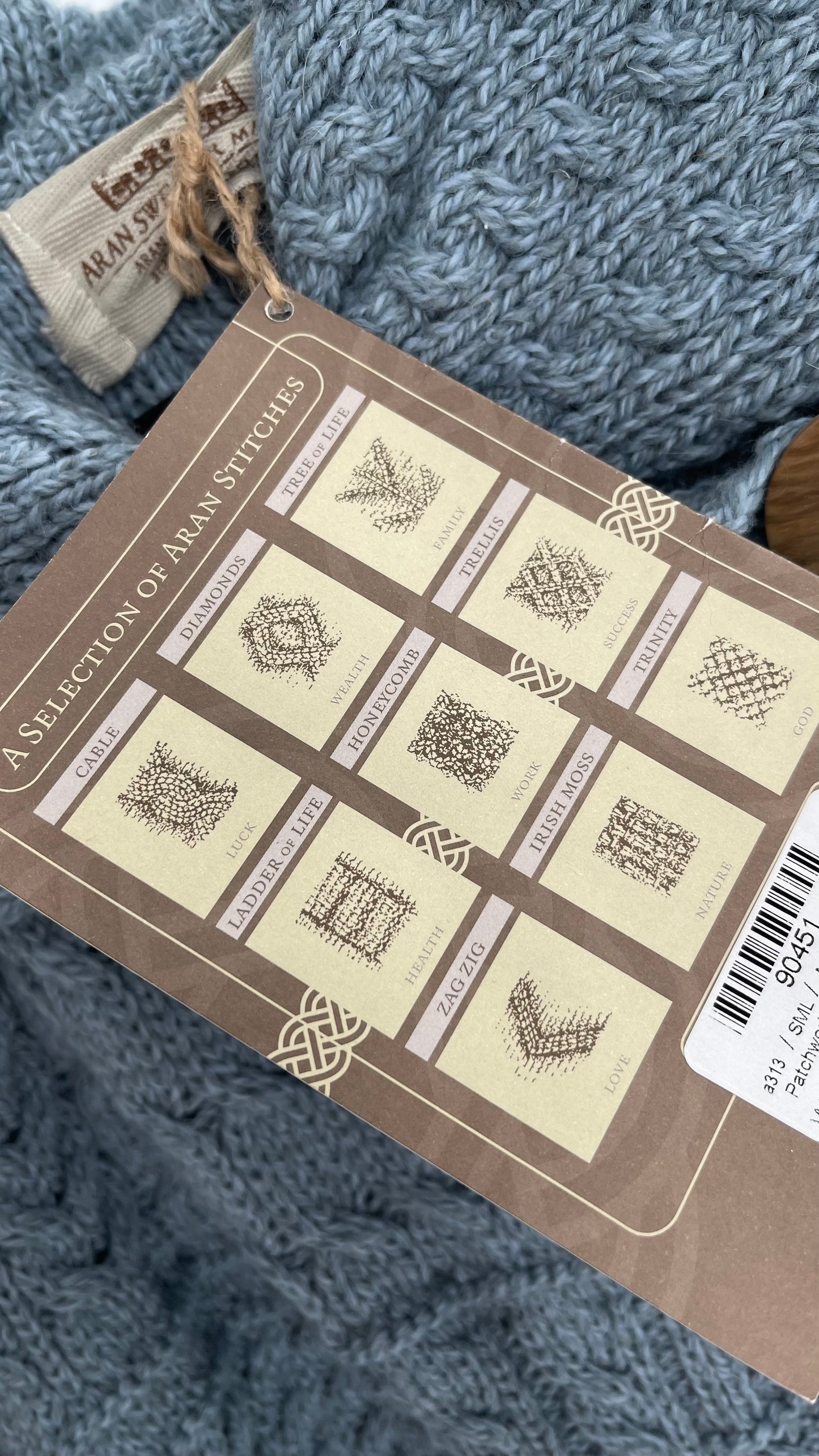 Authentic Irish Aran Sweater Market Slate Blue Aran Stitch Sweater with Oversized Wooden Button Detail and Certificate of Authenticity (Small)