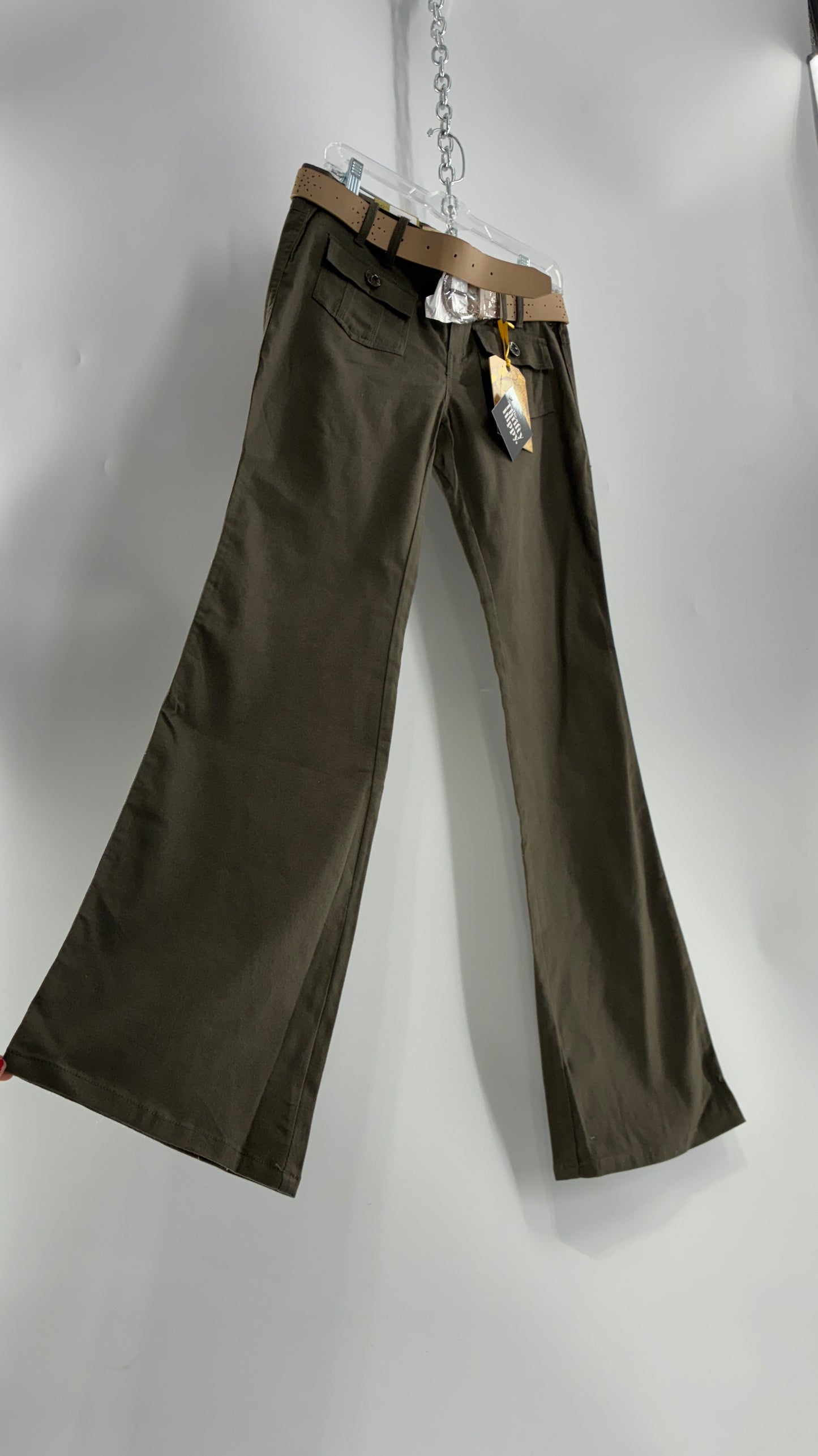 Deadstock Vintage MOKACHINO Olive Green Low Rise Kickflares with Hip/Bum Pockets and Built in Belt (7)