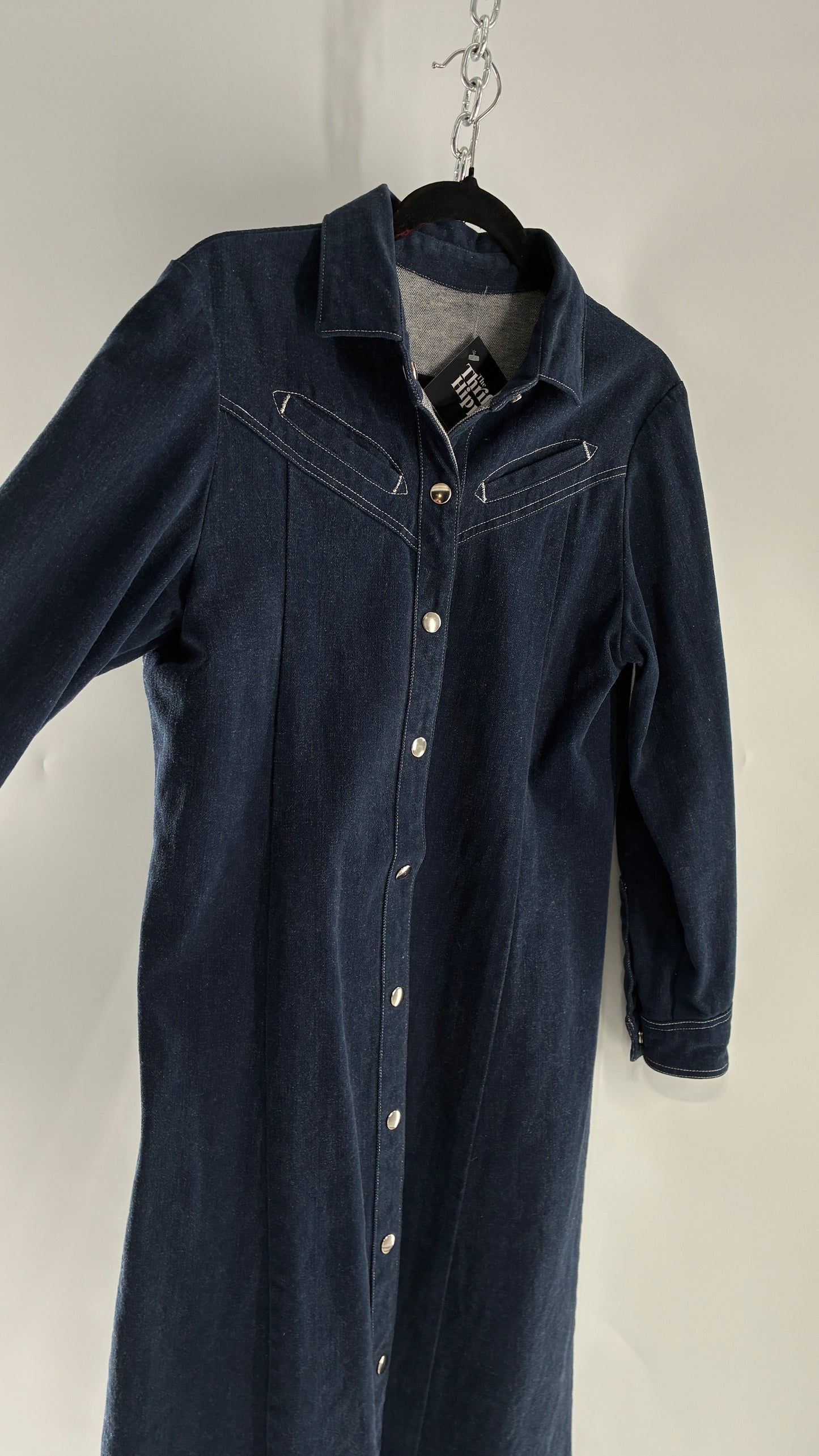 Vintage Dark Wash Denim Long Sleeve Collared Midi Dress with Contrast White Stitching (M/L)