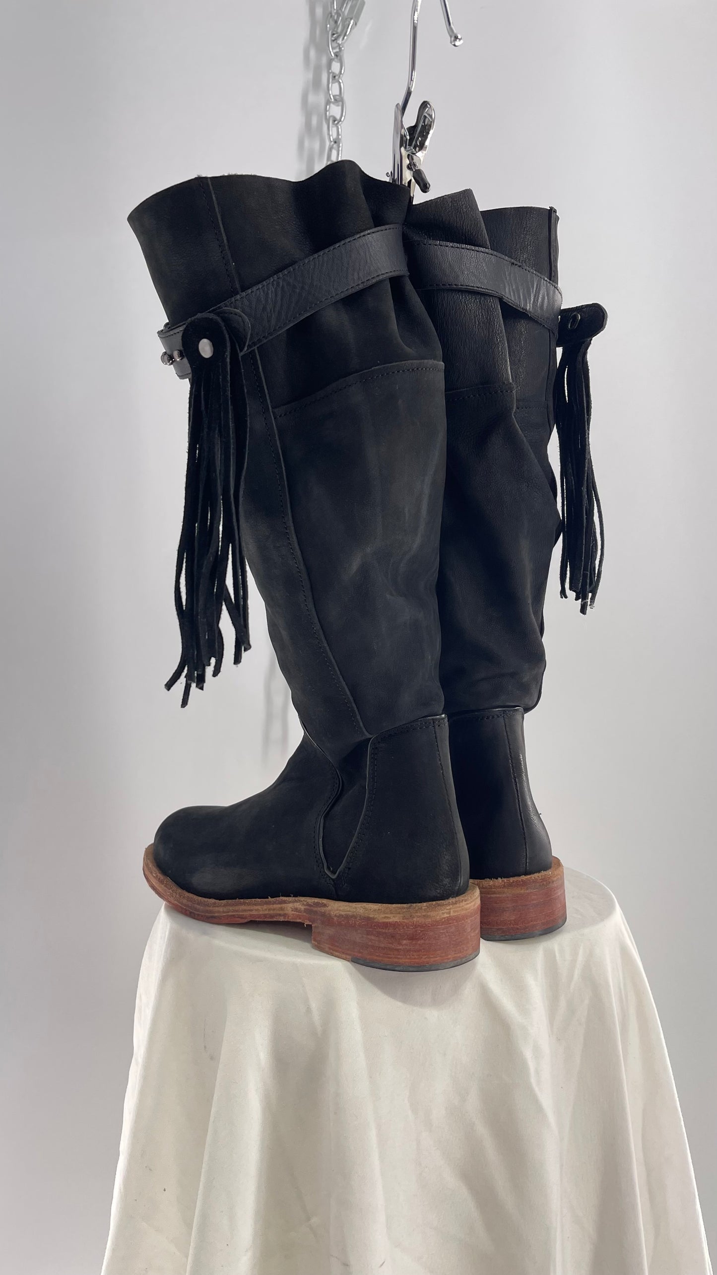Free People Sayre Banks Slouchy Black Suede Leather Knee High Tassel Side Buckle Boot (38)