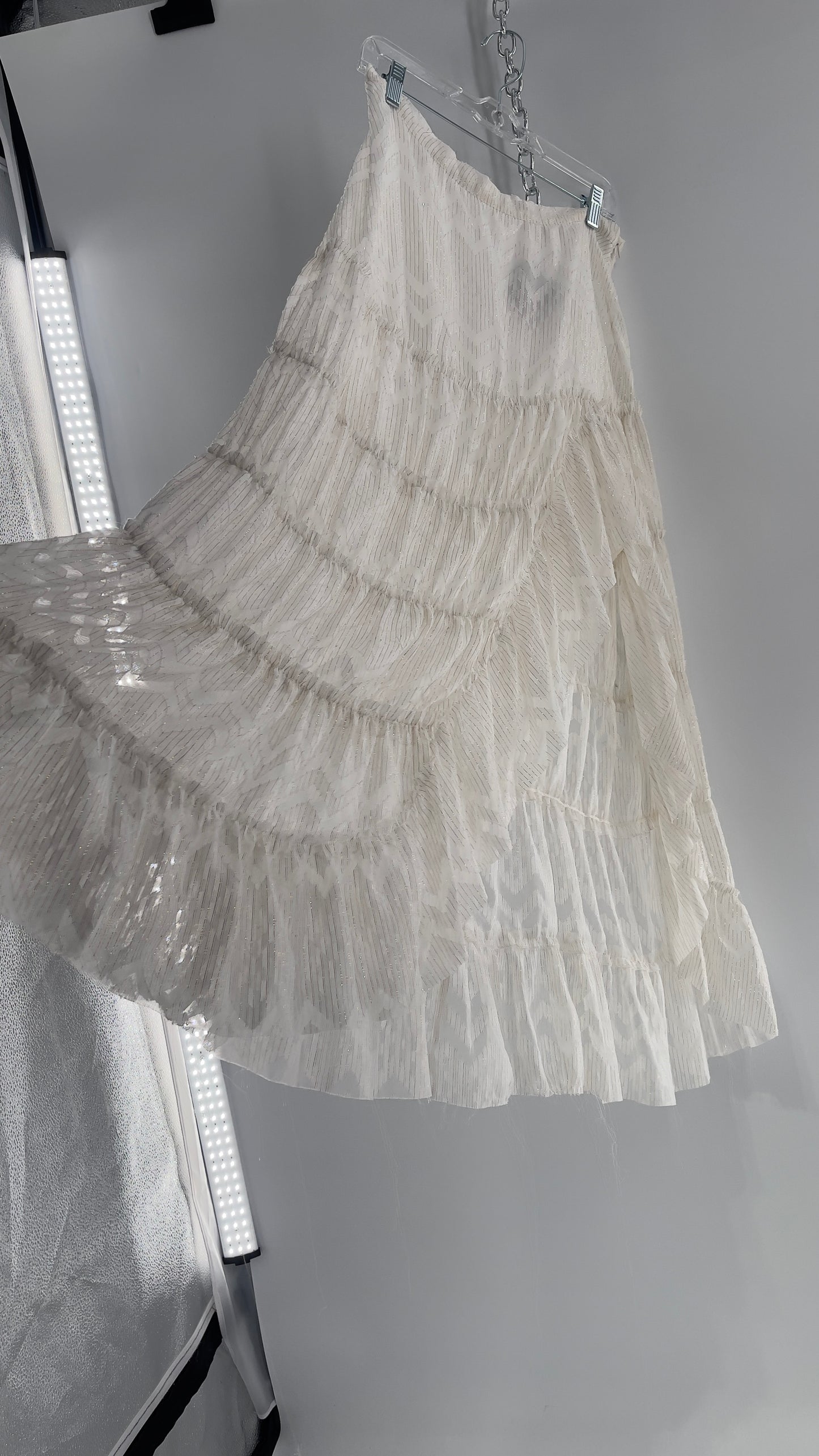 Free People Raw Edge Hem White Gold Tinsel Skirt with Ruffle Side Slit (Small)