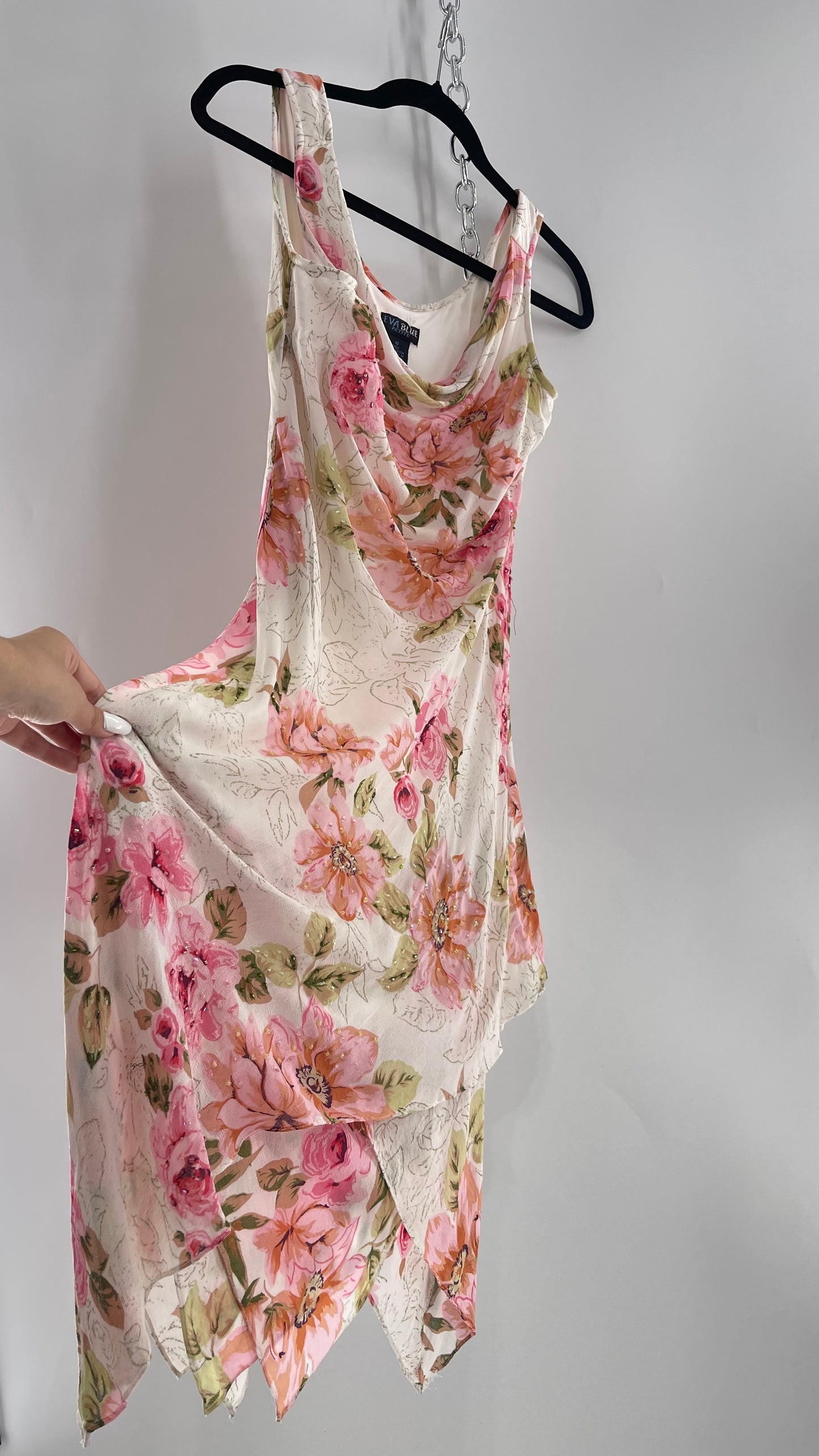 Vintage Eva Blue Pink Floral Draped Neck Sleeveless MIDI with Beading (10)