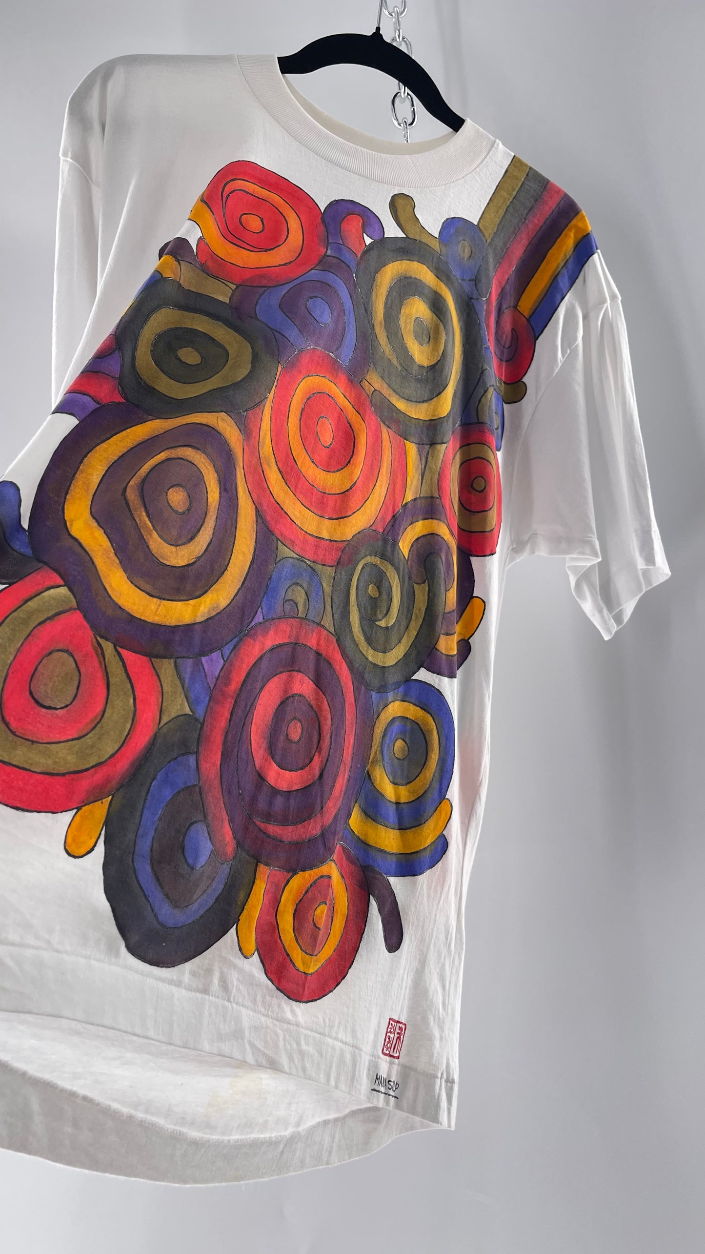 Vintage MANASLIP Hand Painted Swirls 80s T (C)(44)