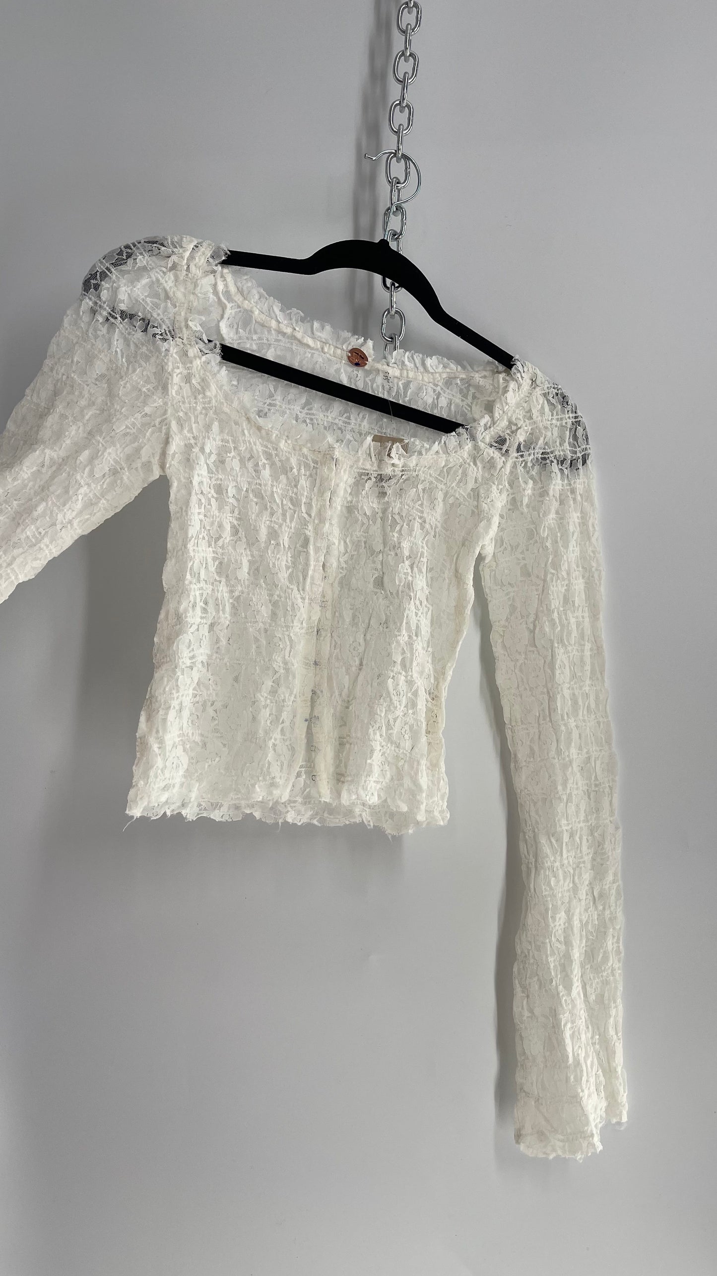 Free People White Smocked Lace Long Sleeve with Eyelet Closure (Small)