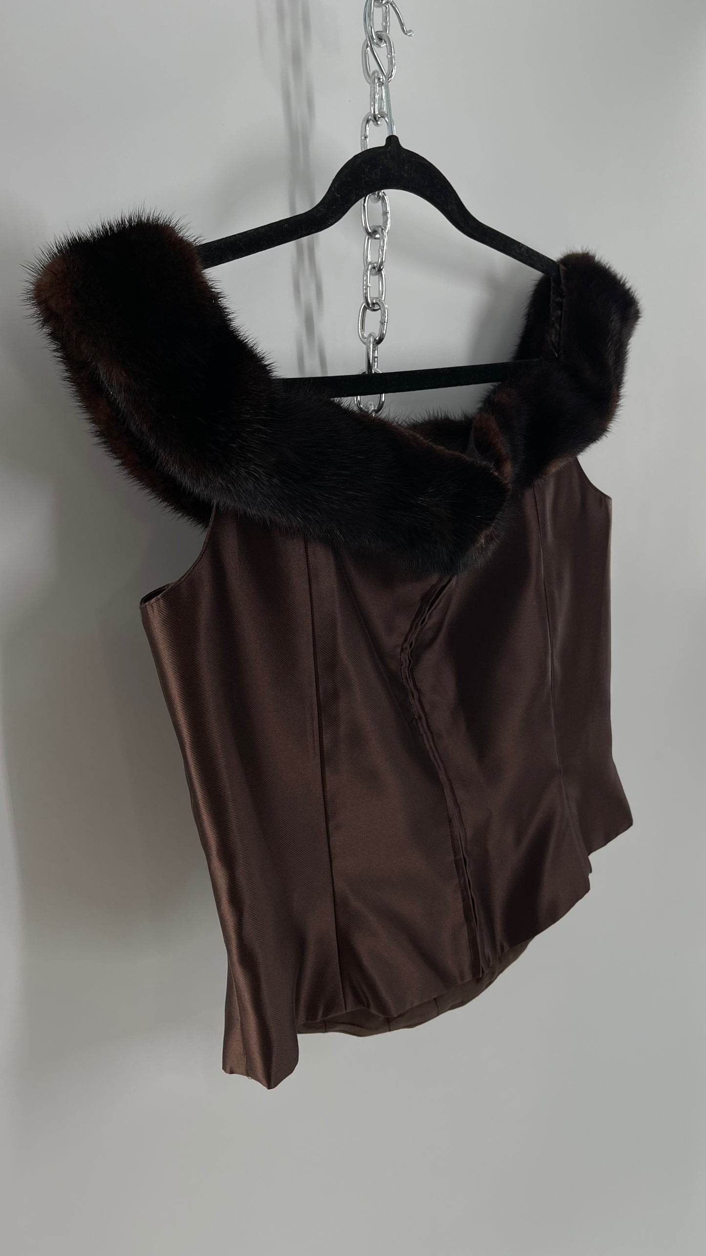 Vintage Sherrie Bloom • Peter Noviella• CHETTA B 100% Silk Brown Corset with Fur Trim Off the Shoulder Collar (14)