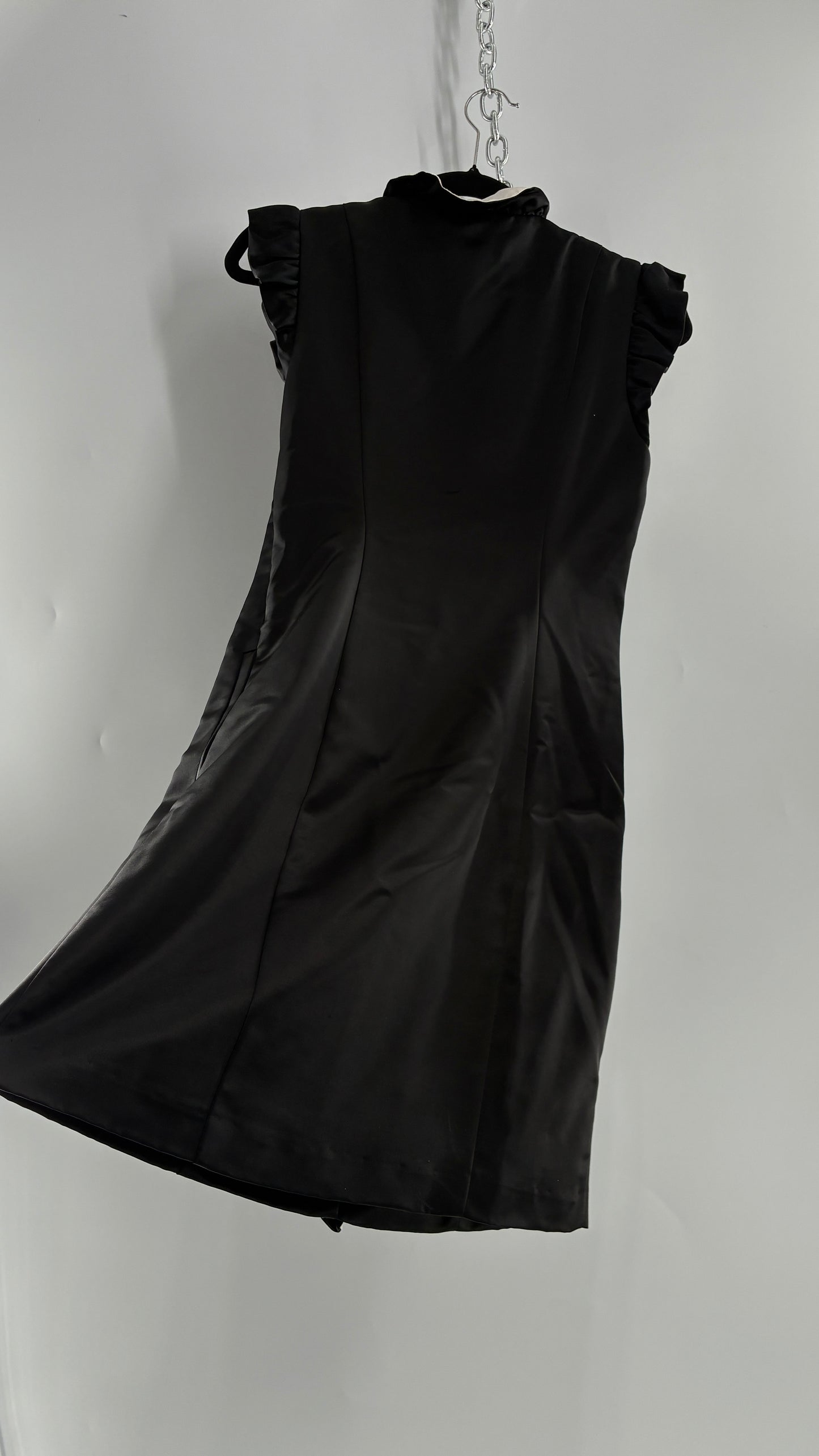 Vintage ADAM PLUS EVE Adam Lippes 58% Wool Black Paneled, Tailored Dress with White Ruffles (6)
