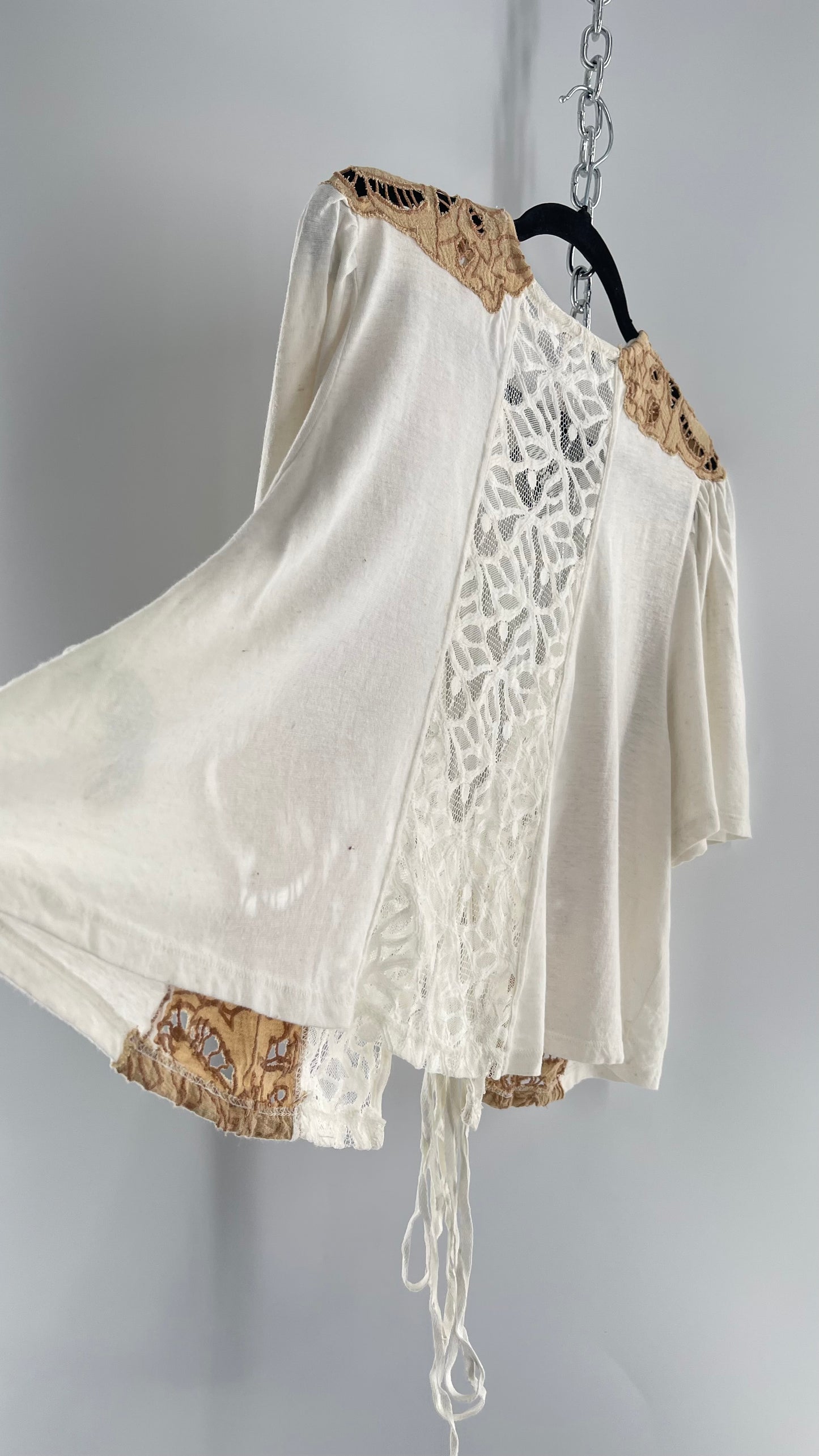 Free People Off White Woven Tie Front/Tie Around Too with Brown Eyelet Lace (Small)