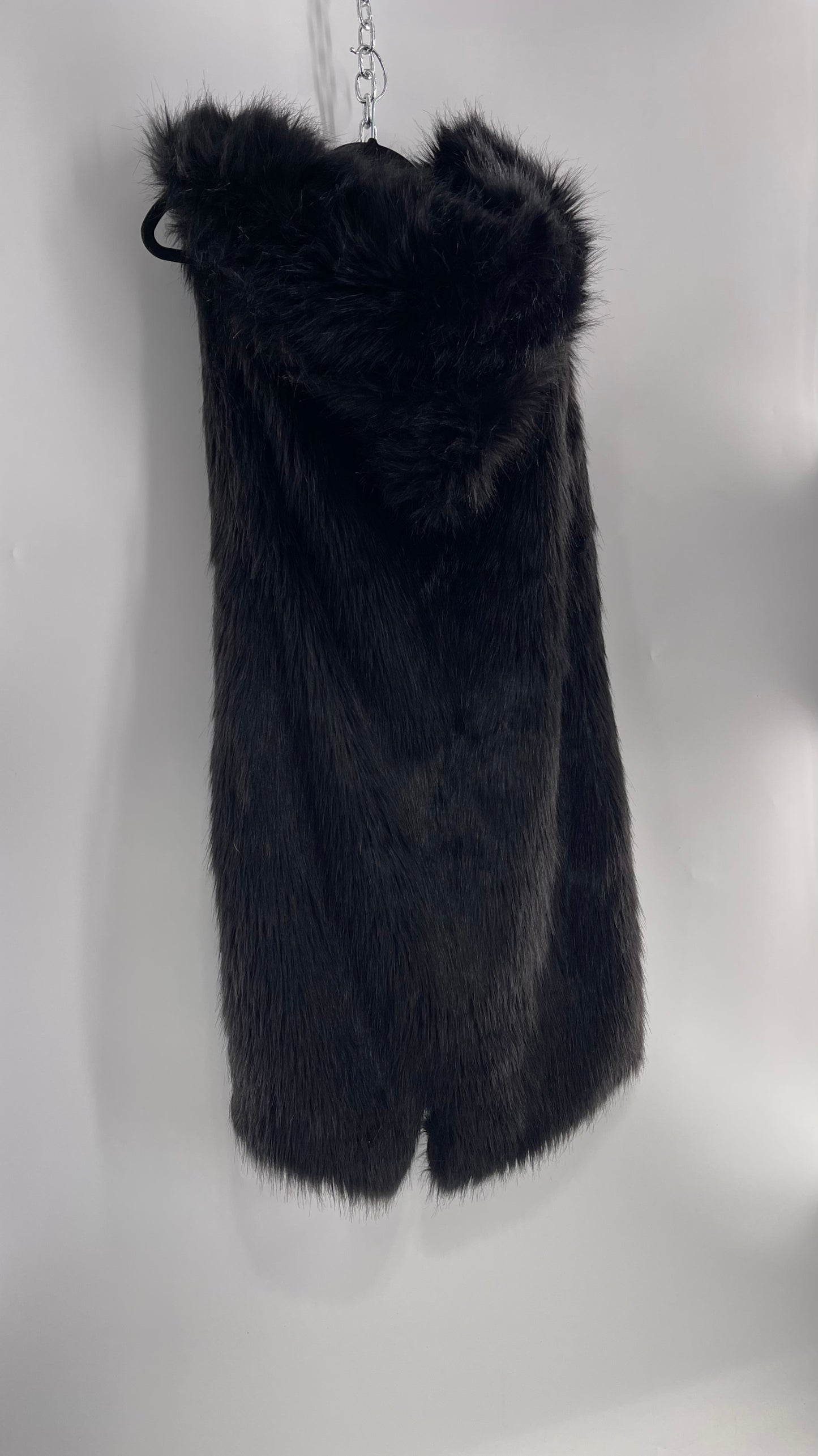 Full Length Black Fuzzy Sleeveless Vest with Oversized Hood (Medium)