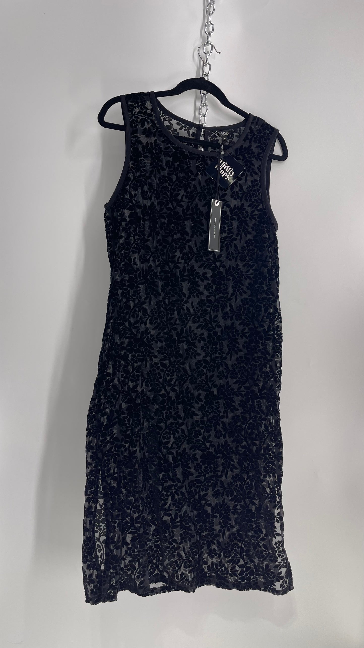 Lucky Brand Black Sheer Patterned Floral Velvet Midi Dress with Tags Attached (Medium)