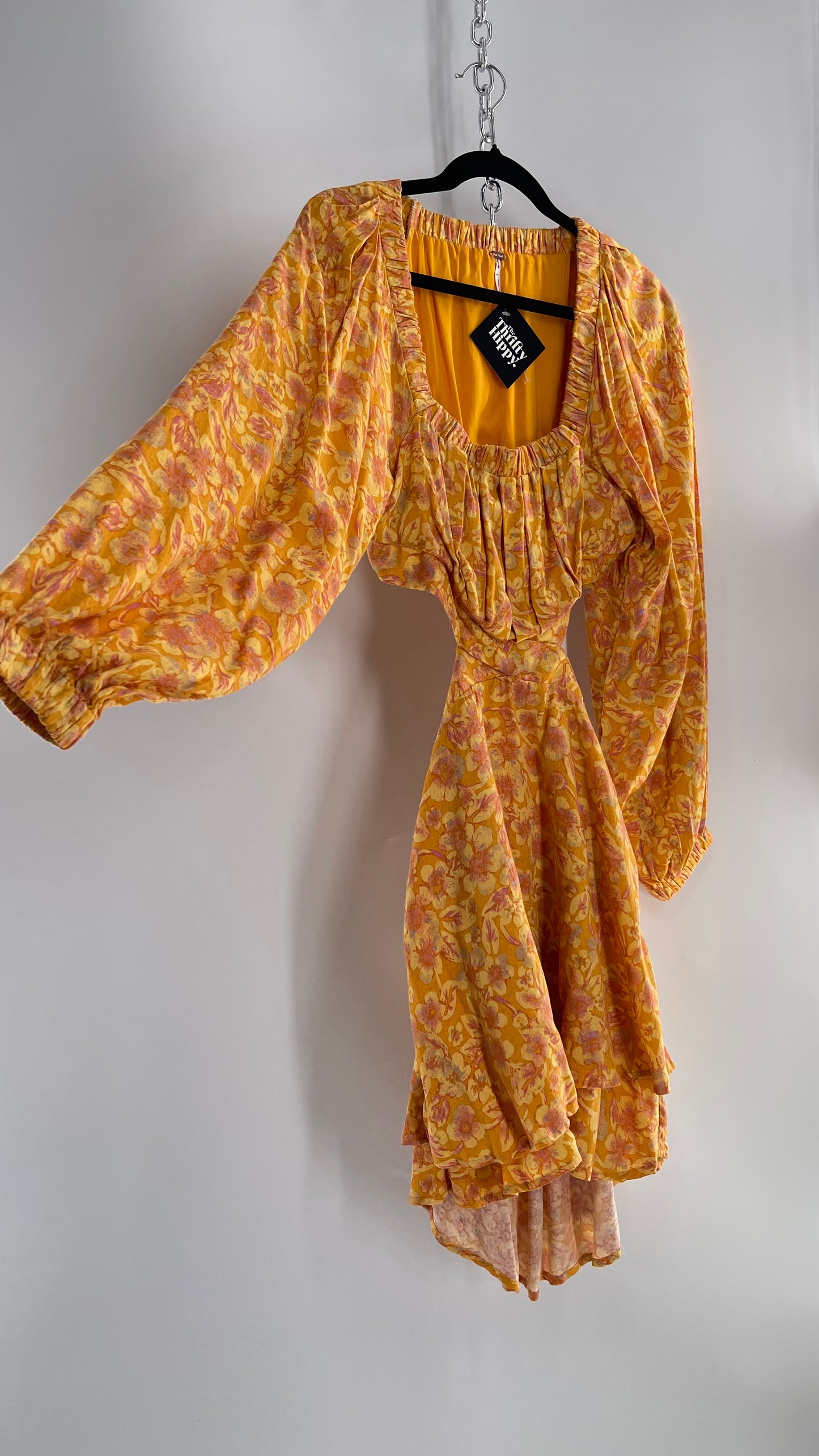 Free People Yellow Cut Out Golden Florals Dress with Ruched Bust and Balloon Sleeves (XS)