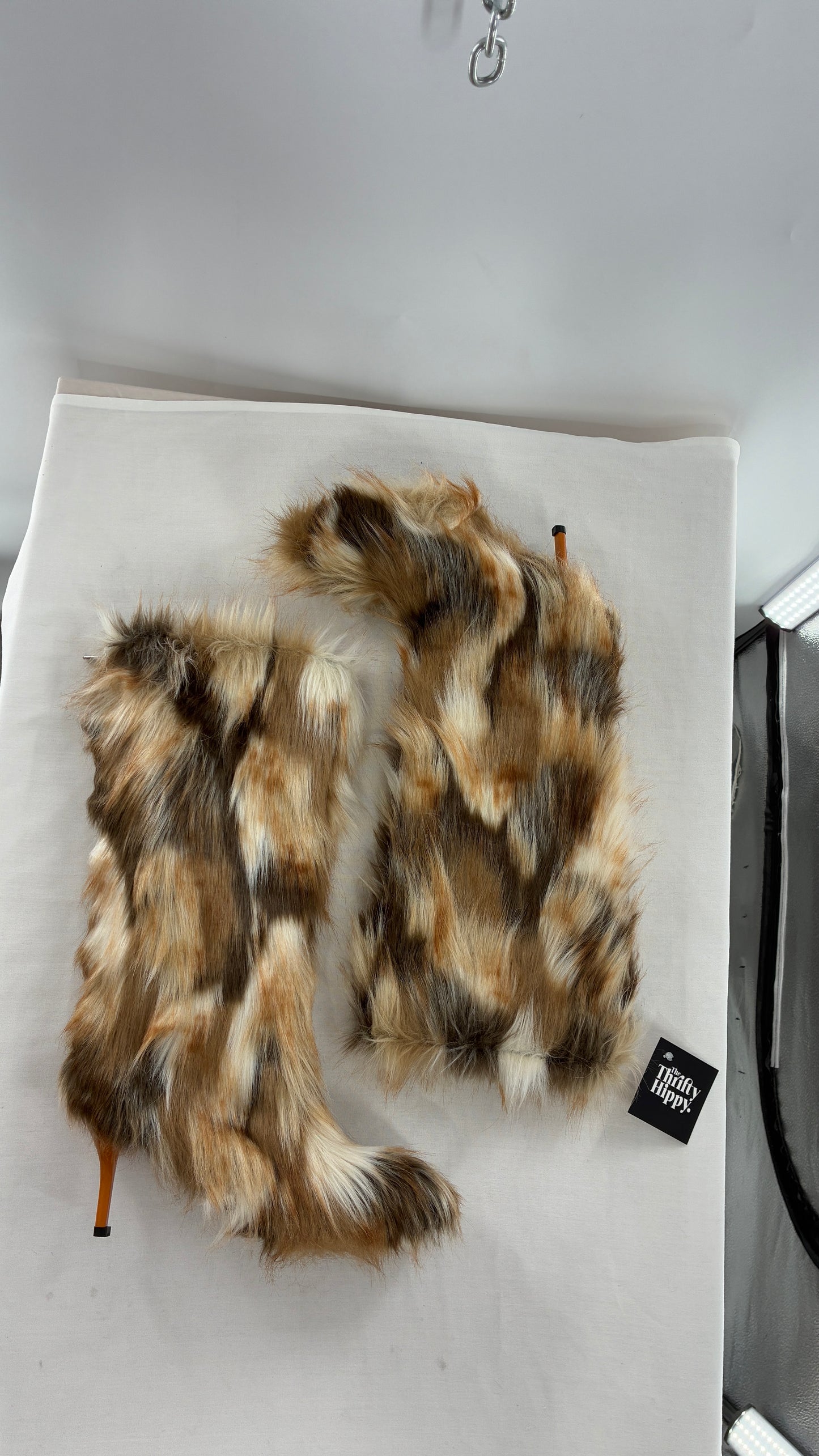 Vintage Mixed Tone Vegan Fur, Knee High, Pointed Toe Boots (43)