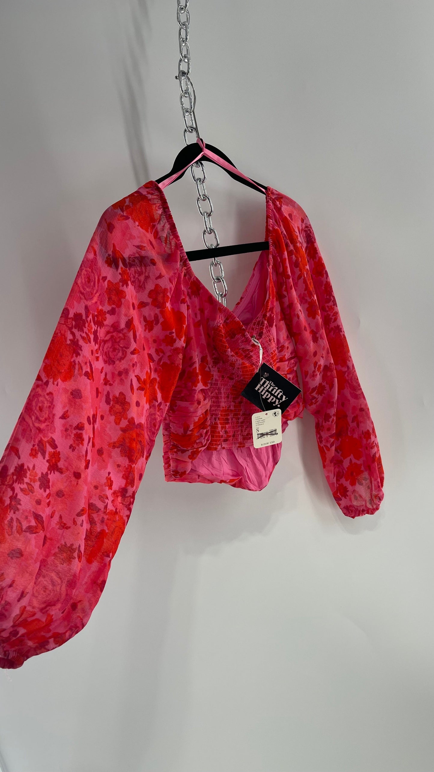 Free People Cropped Floral Blouse with Ruched Body, Balloon Sleeves and Appliqué Rosette Bustline with Tags Attached (XS)