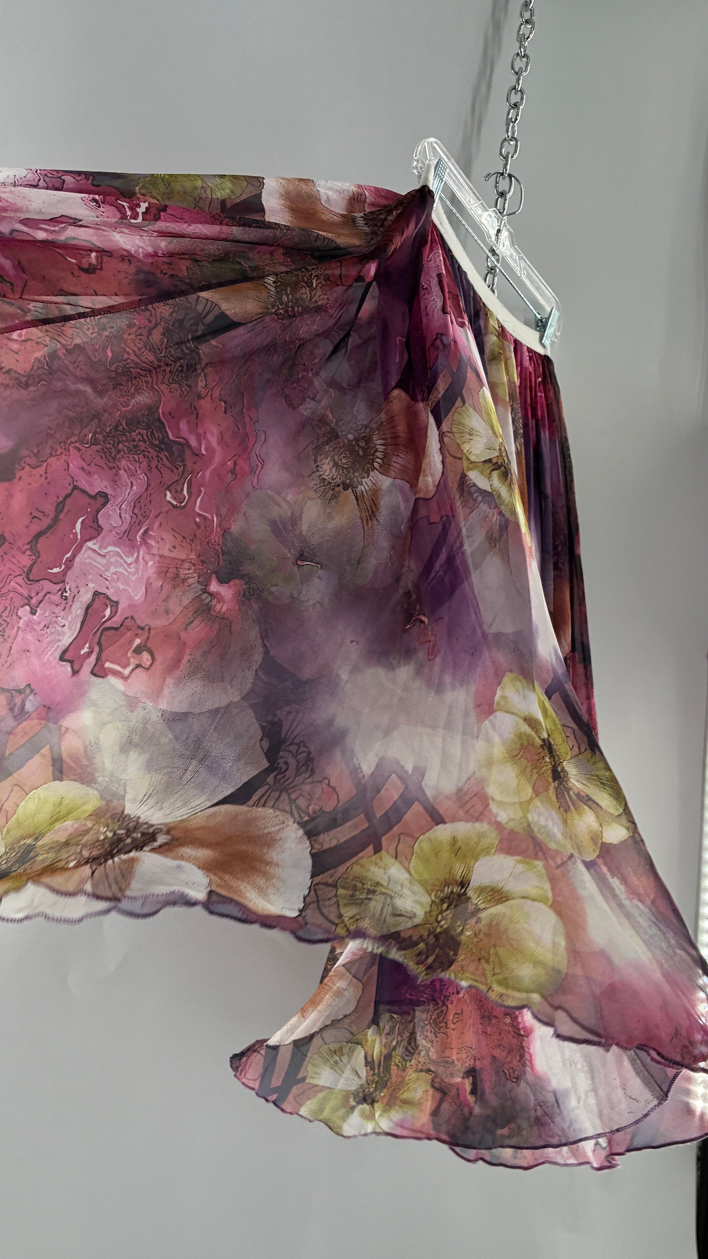 Vintage Full Length Silky Graphic Florals Skirt (Medium)