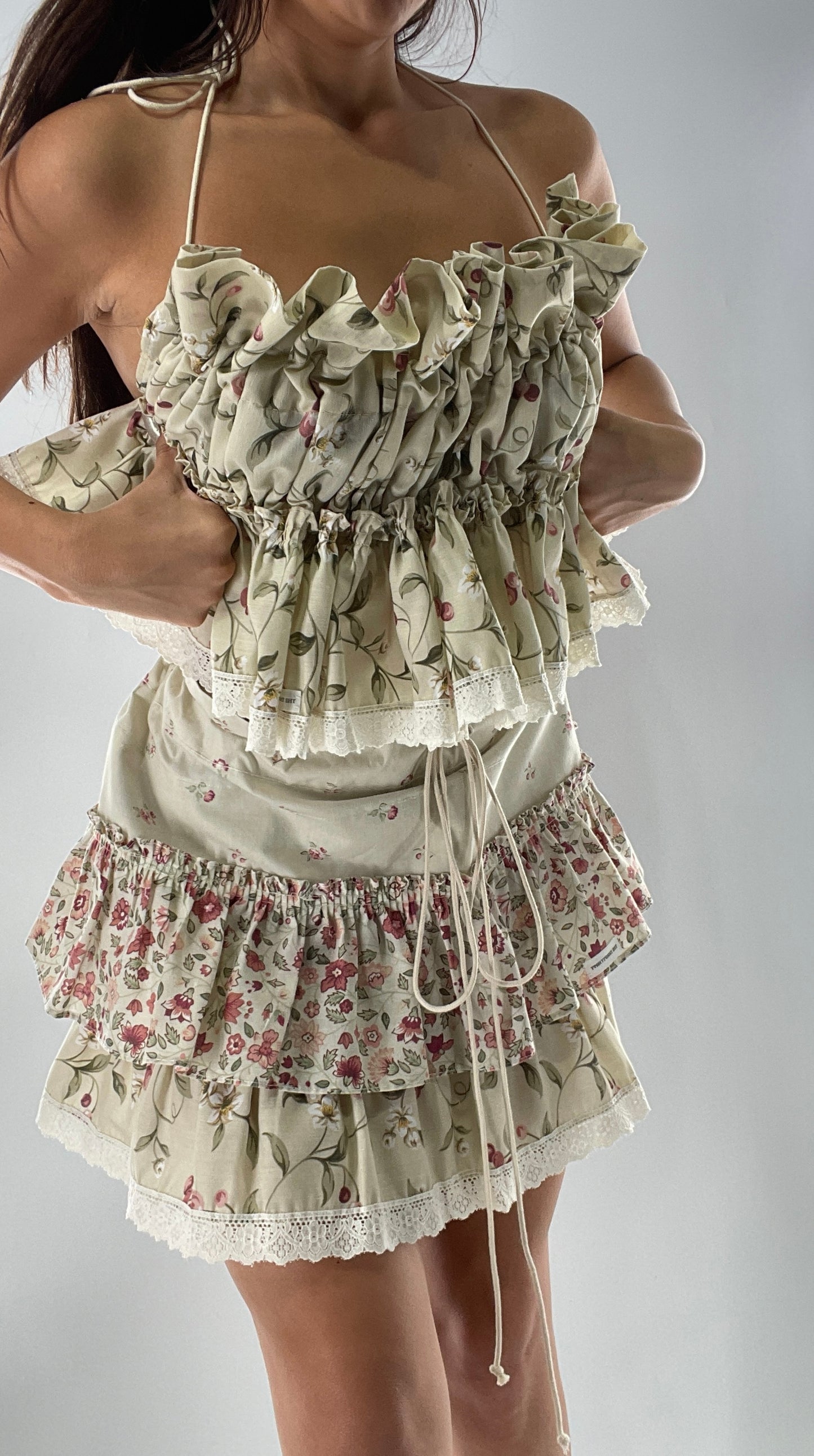 Vintage Cherry Cottage Set with Tiered Ruffled Skirt and Ruched, Backless Top (One Size)