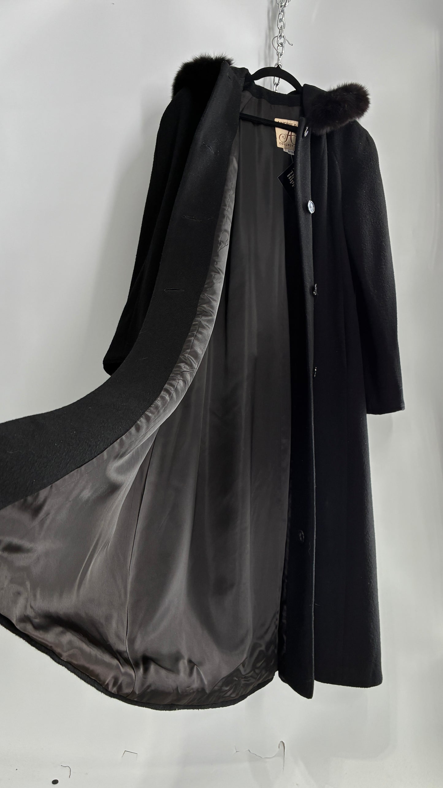 Vintage ANDREA COLLECTION Black Wool Blend Full Length Coat with Fur Trim Hood (12)