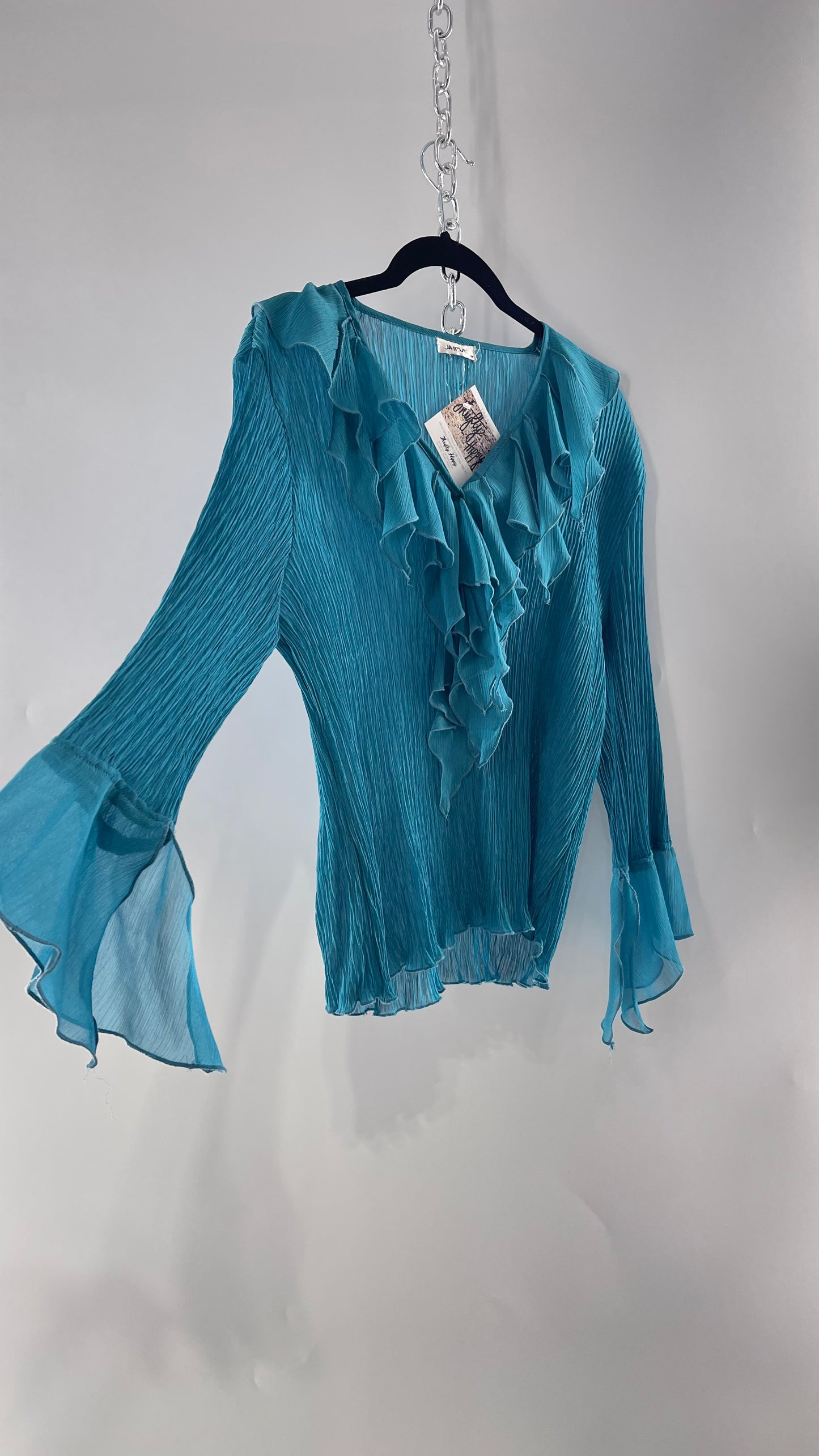 Vintage Jaipur Blue Crimped Blouse with Sheer Handkerchief Cuffs and Ruffled Neckline (Medium)